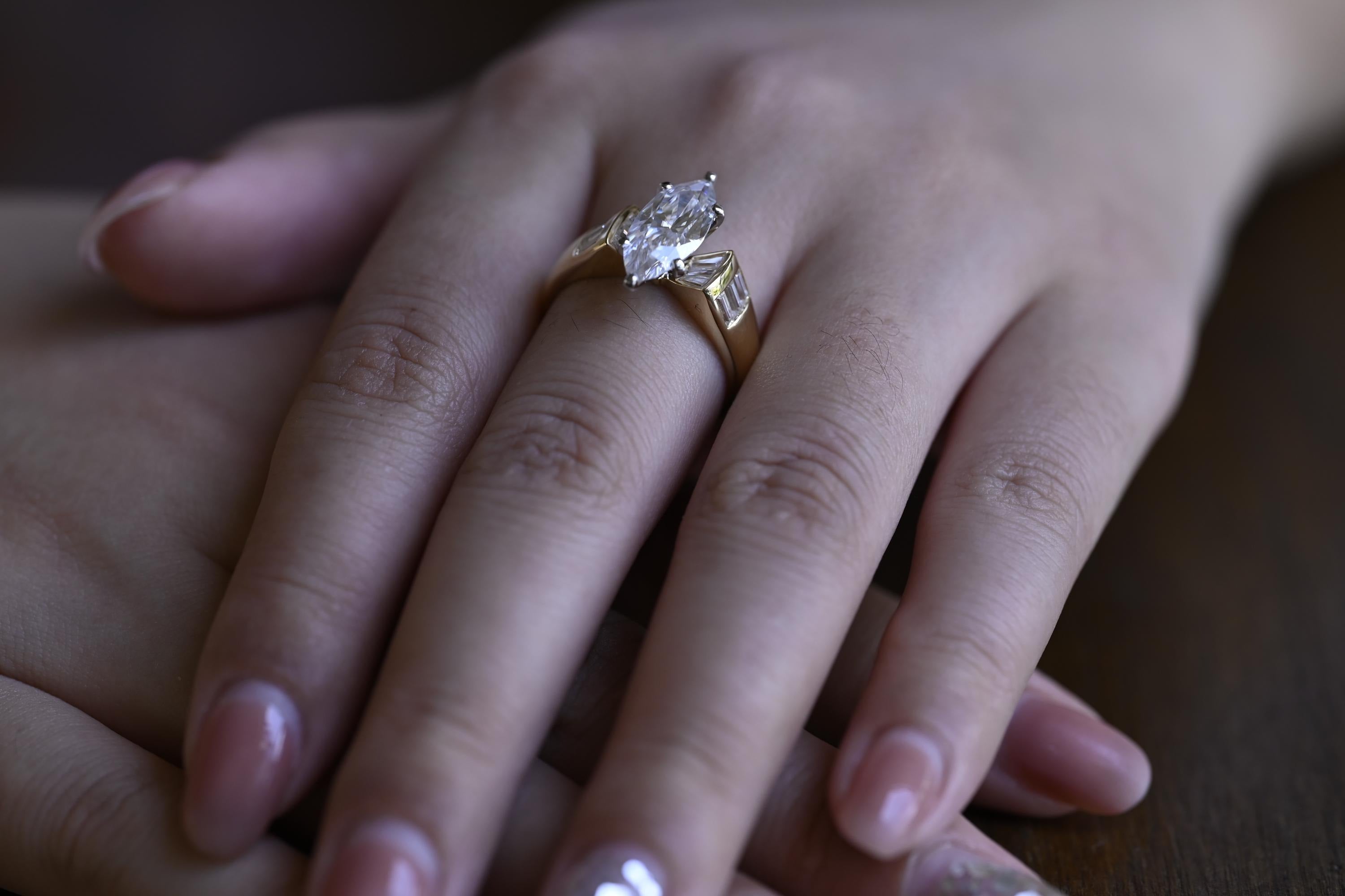 Solid Gold Marquise Cut Moissanite Engagement Ring, Anniversary Gift for Women