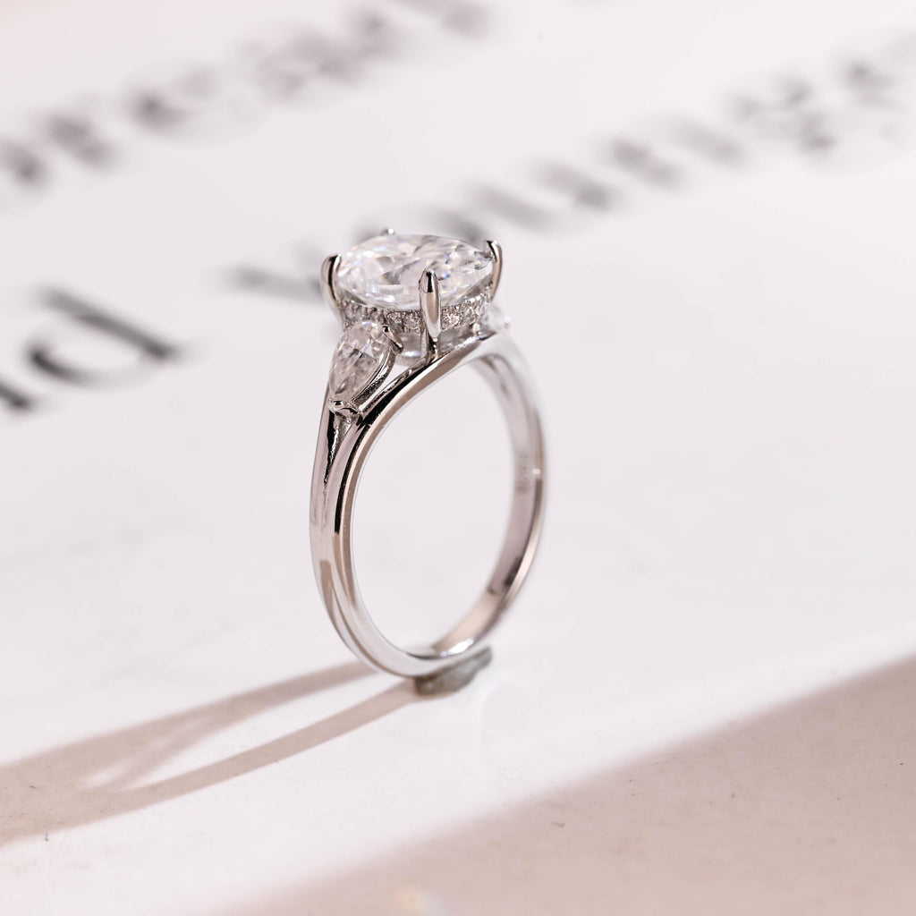 Solid Gold Oval Moissanite Hidden Halo Engagement Ring with Pear Moissanite