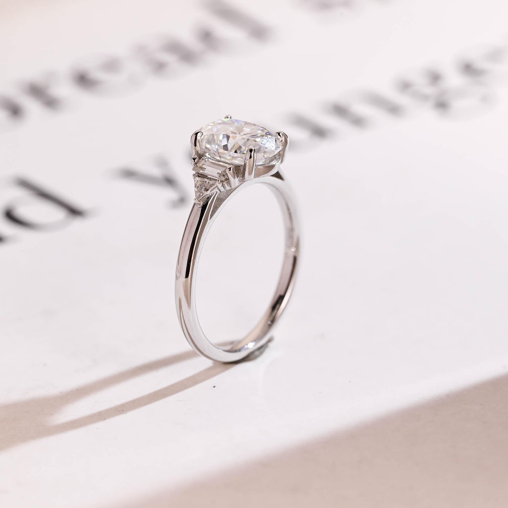 Solid Gold Oval Cut Moissanite Engagement Ring, Three Stone Promise Ring