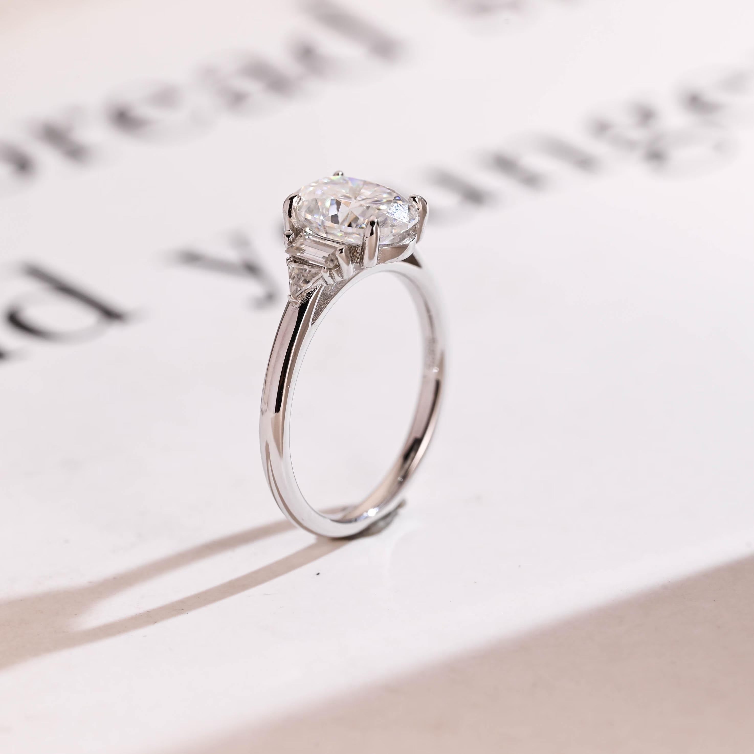 Solid Gold Oval Cut Moissanite Engagement Ring, Three Stone Promise Ring