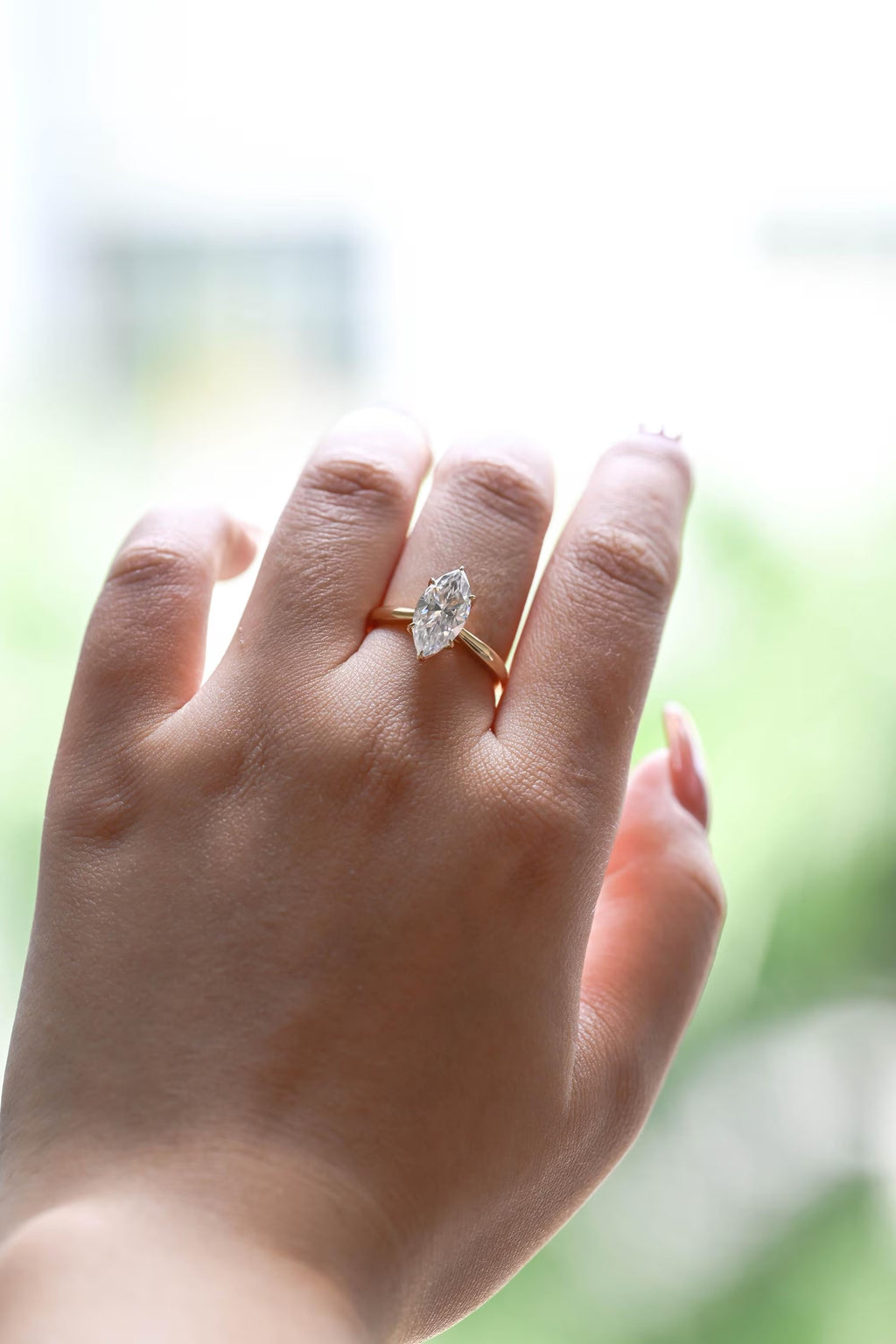 Solid Gold Tulip Floral Marquise Moissanite Engagement Ring, Proposal Ring