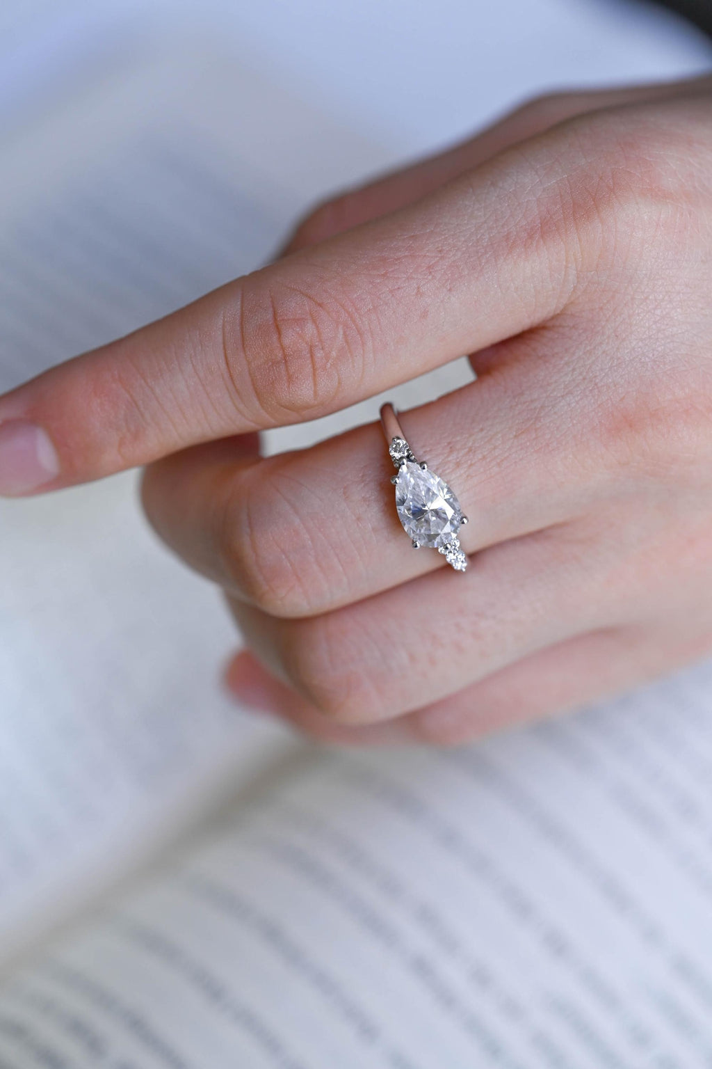 Solid Gold Pear Cut Cluster Moissanite Engagement Ring, Promise Ring for Her