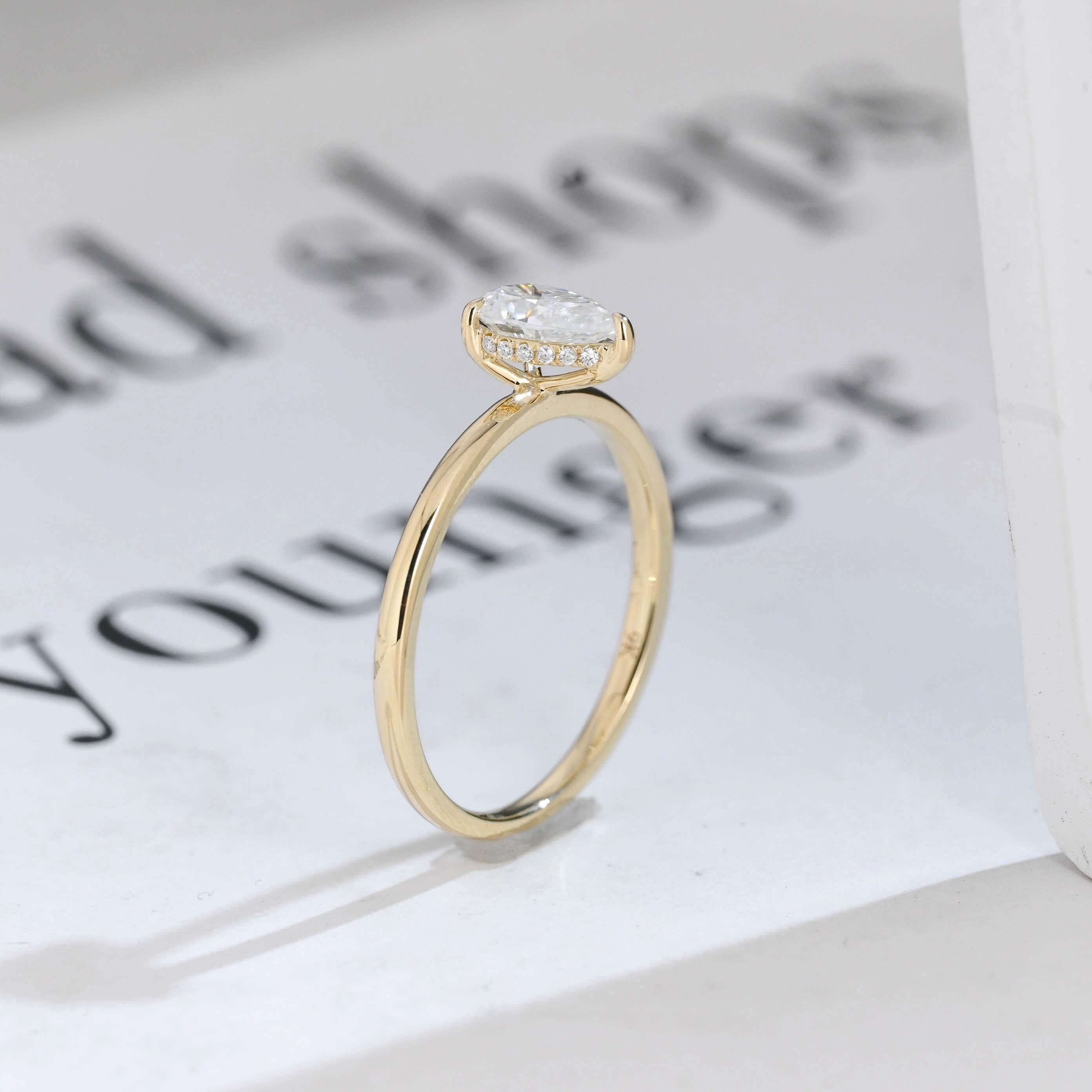 Solid Gold Pear Cut Hidden Halo Moissanite Engagement Ring