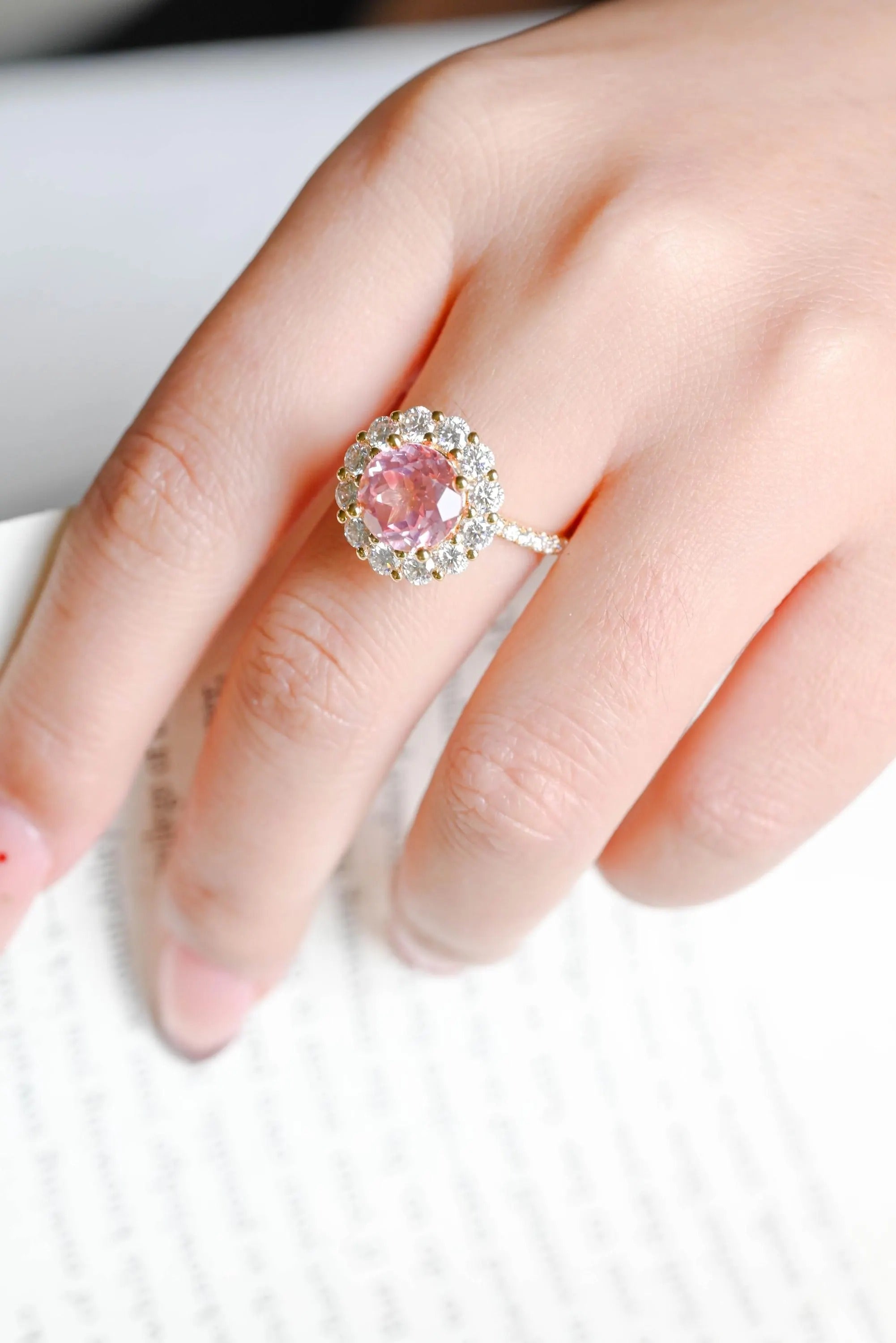 Solid Gold Sunflower Round Pink Moissanite Sapphire Engagement Ring, Half Eternity Promise Ring