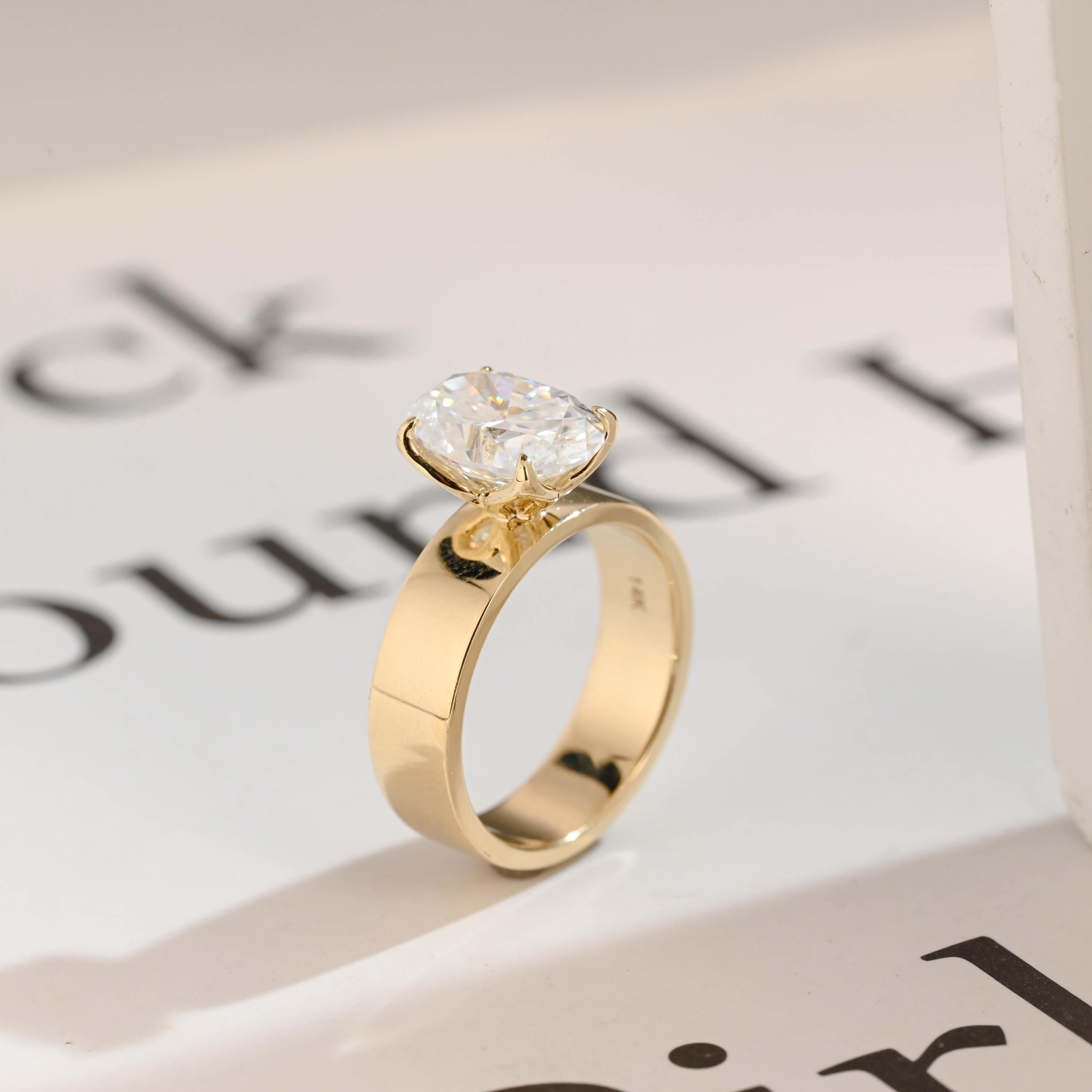 Solid Gold 5mm Band Oval Cut Moissanite Engagement Ring, Tulip Floral Ring