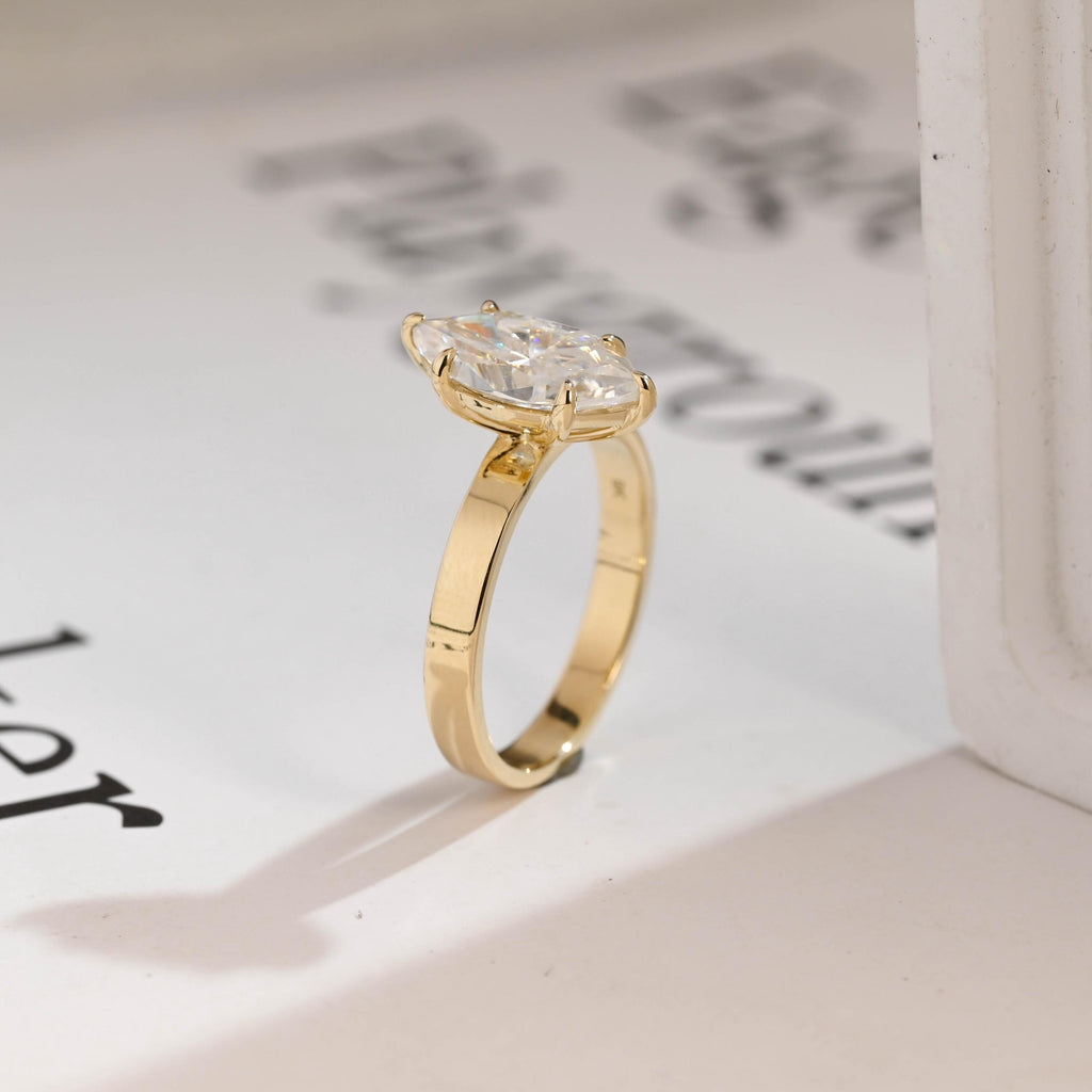 Solid Gold Marquise Cut Moissanite Engagement Ring, 3mm Wide Band