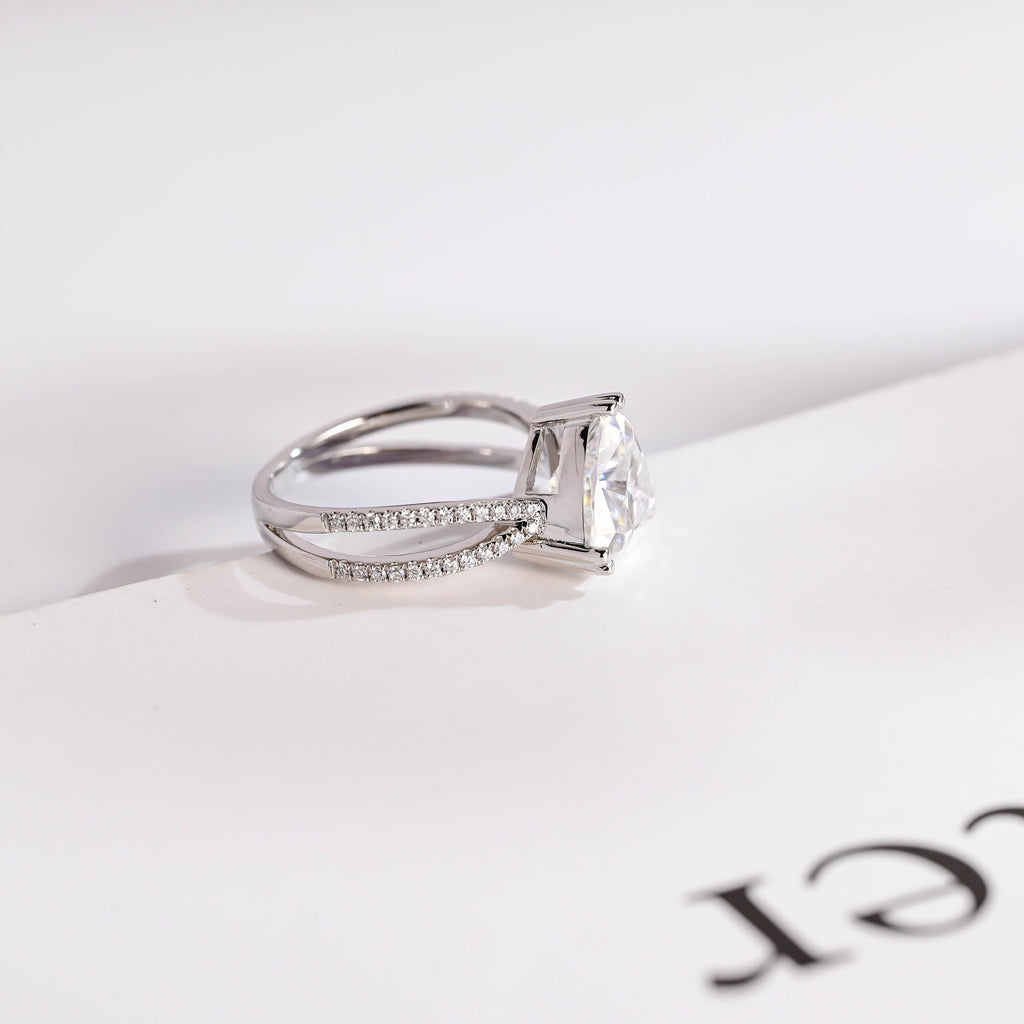 Solid Gold Trillion Cut Moissanite Engagement Ring, Double Band Open Shank Half Pave Ring