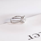 Solid Gold Trillion Cut Moissanite Engagement Ring, Double Band Open Shank Half Pave Ring