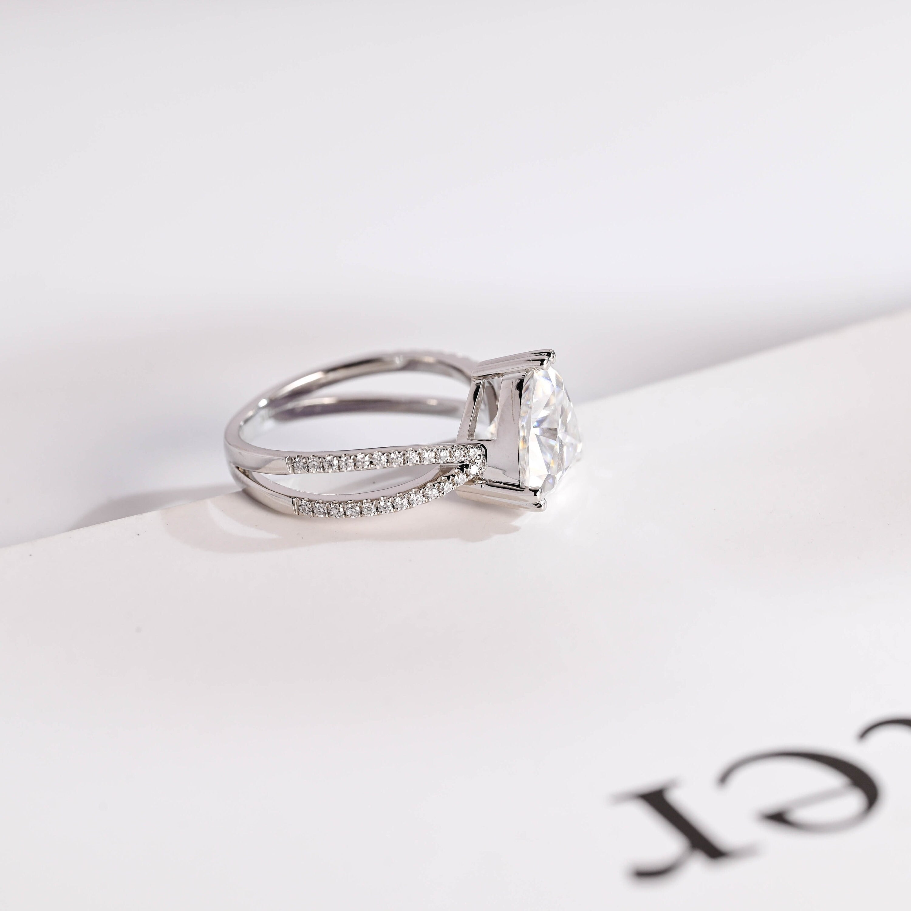 Solid Gold Trillion Cut Moissanite Engagement Ring, Double Band Open Shank Half Pave Ring