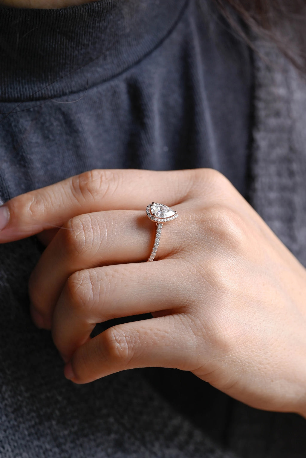 Solid Gold Pear Moissanite Engagement Ring, Halo & Half Eternity Promise, Proposal Ring
