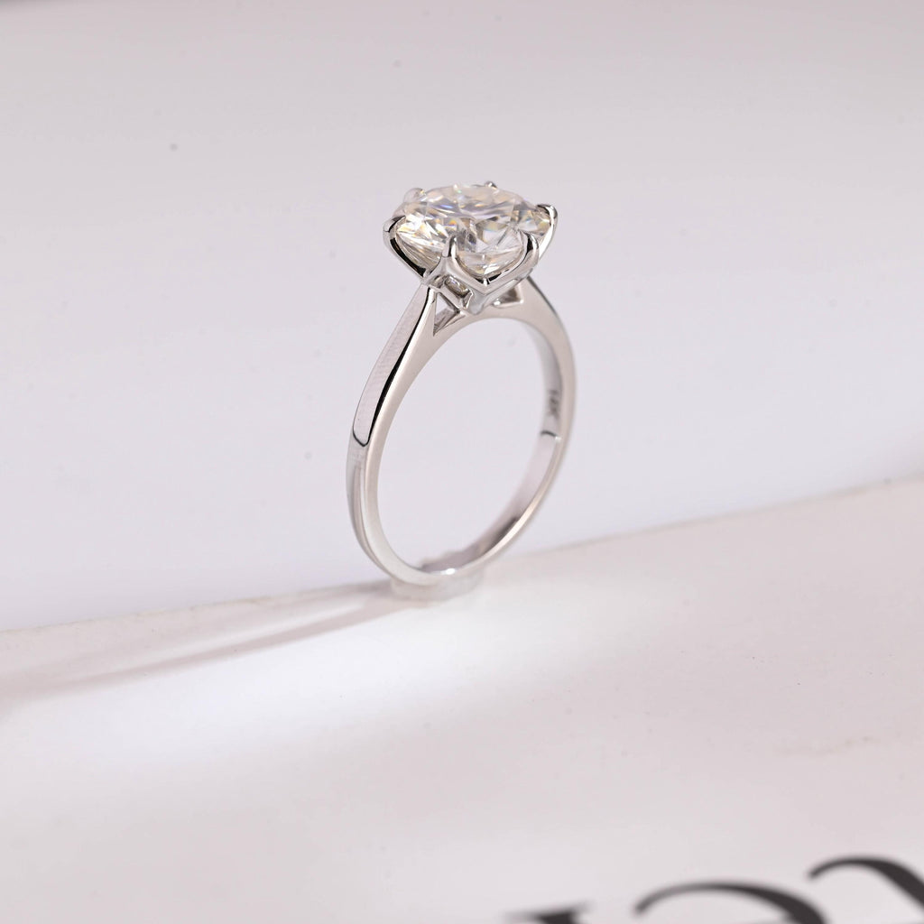 Solid Gold Tulip Floral Round Moissanite Engagement Ring, Anniversary Gift for Her