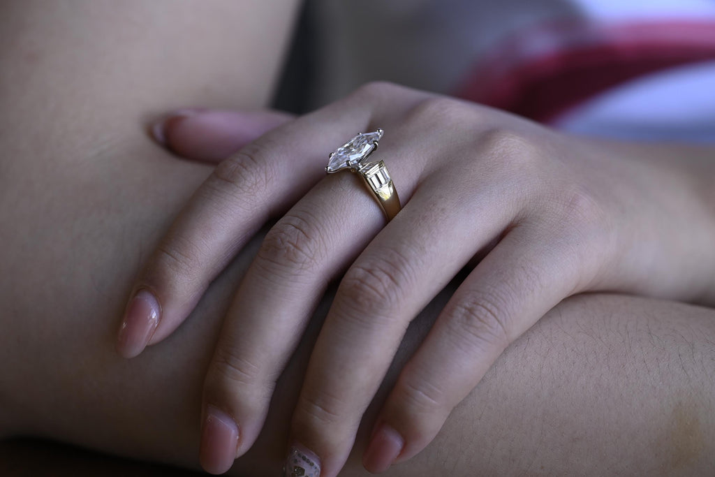 Solid Gold Marquise Cut Moissanite Engagement Ring, Anniversary Gift for Women
