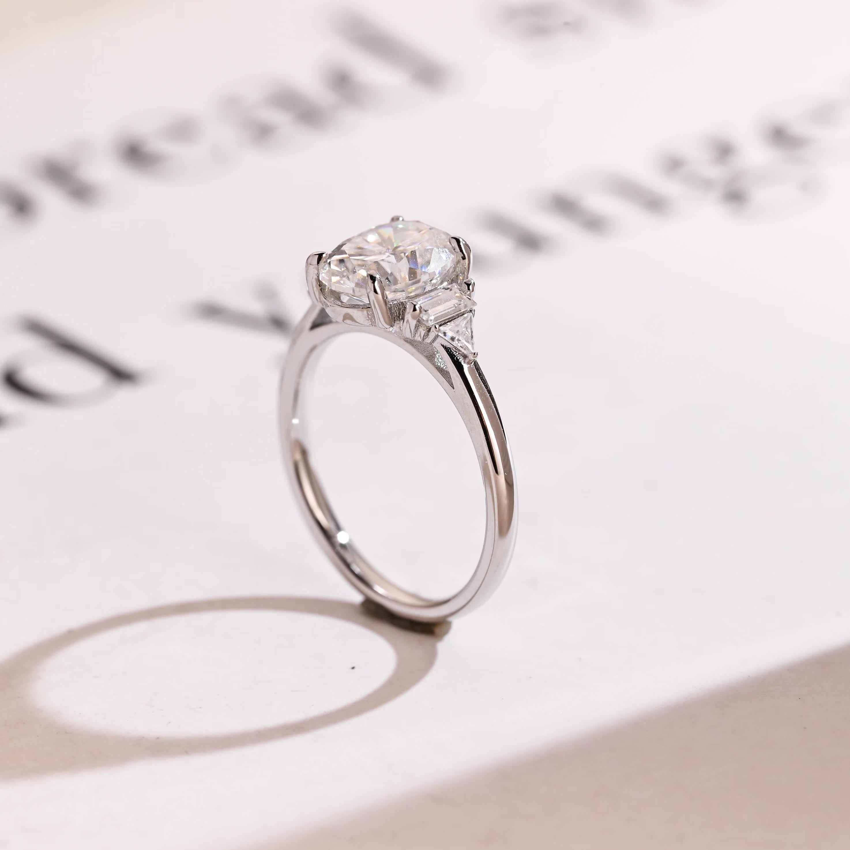 Solid Gold Oval Cut Moissanite Engagement Ring, Three Stone Promise Ring Secondary image