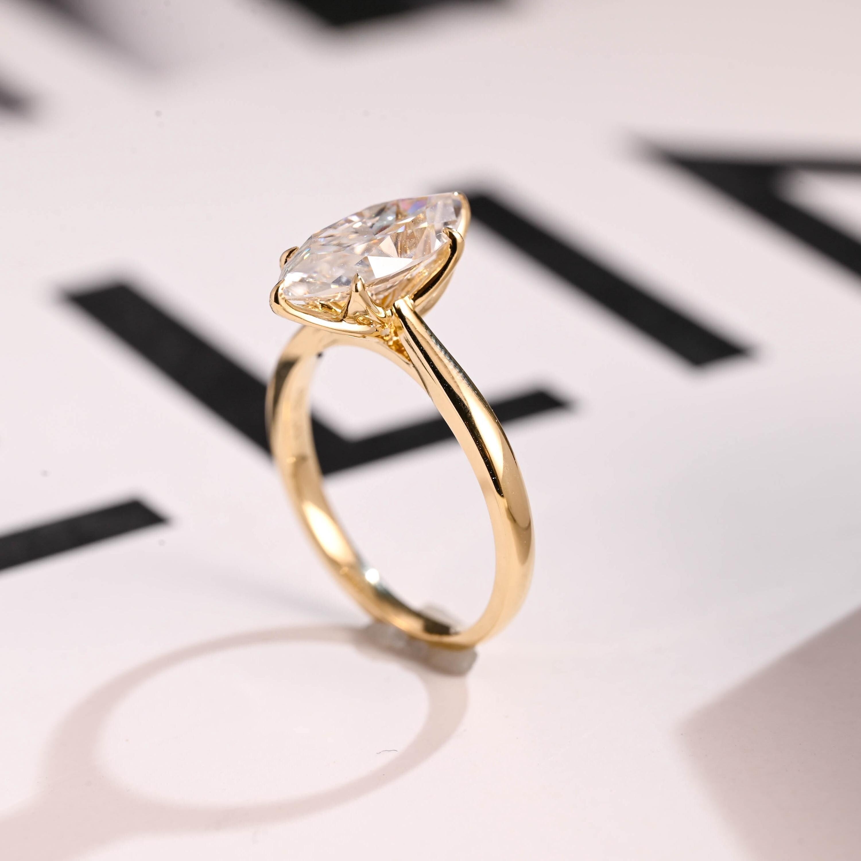 Solid Gold Tulip Floral Marquise Moissanite Engagement Ring, Proposal Ring