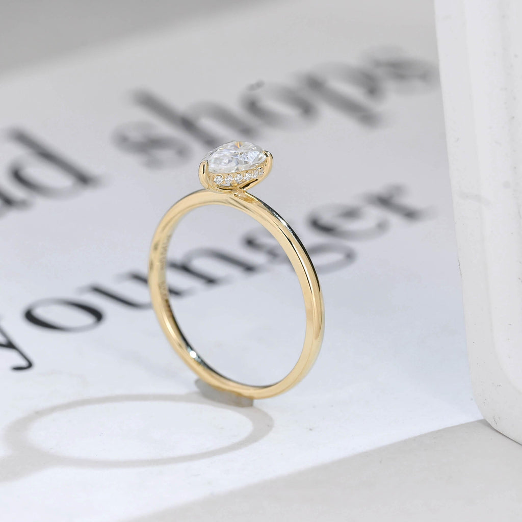 Solid Gold Pear Cut Hidden Halo Moissanite Engagement Ring