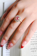 Solid Gold Sunflower Round Pink Moissanite Sapphire Engagement Ring, Half Eternity Promise Ring