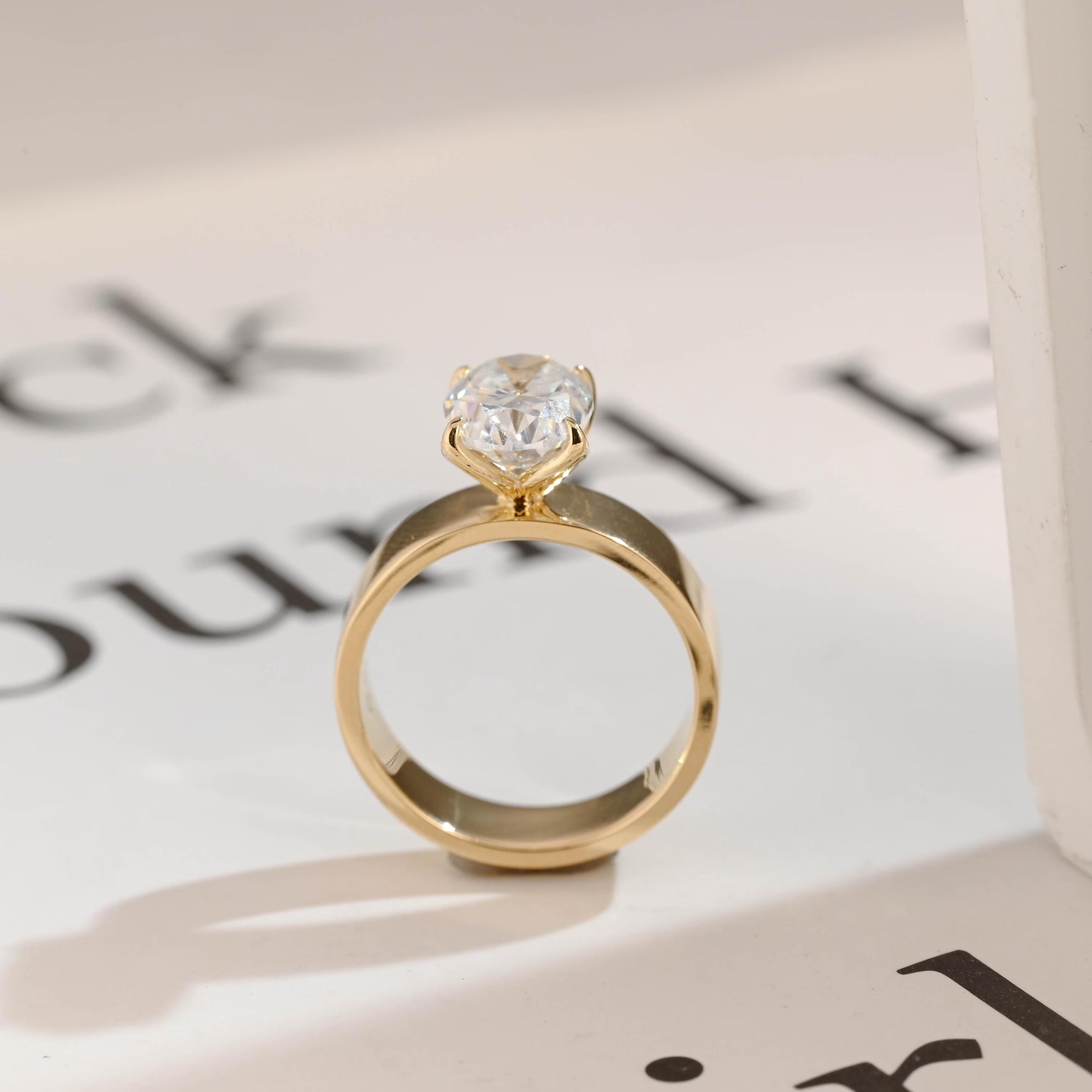 Solid Gold 5mm Band Oval Cut Moissanite Engagement Ring, Tulip Floral Ring