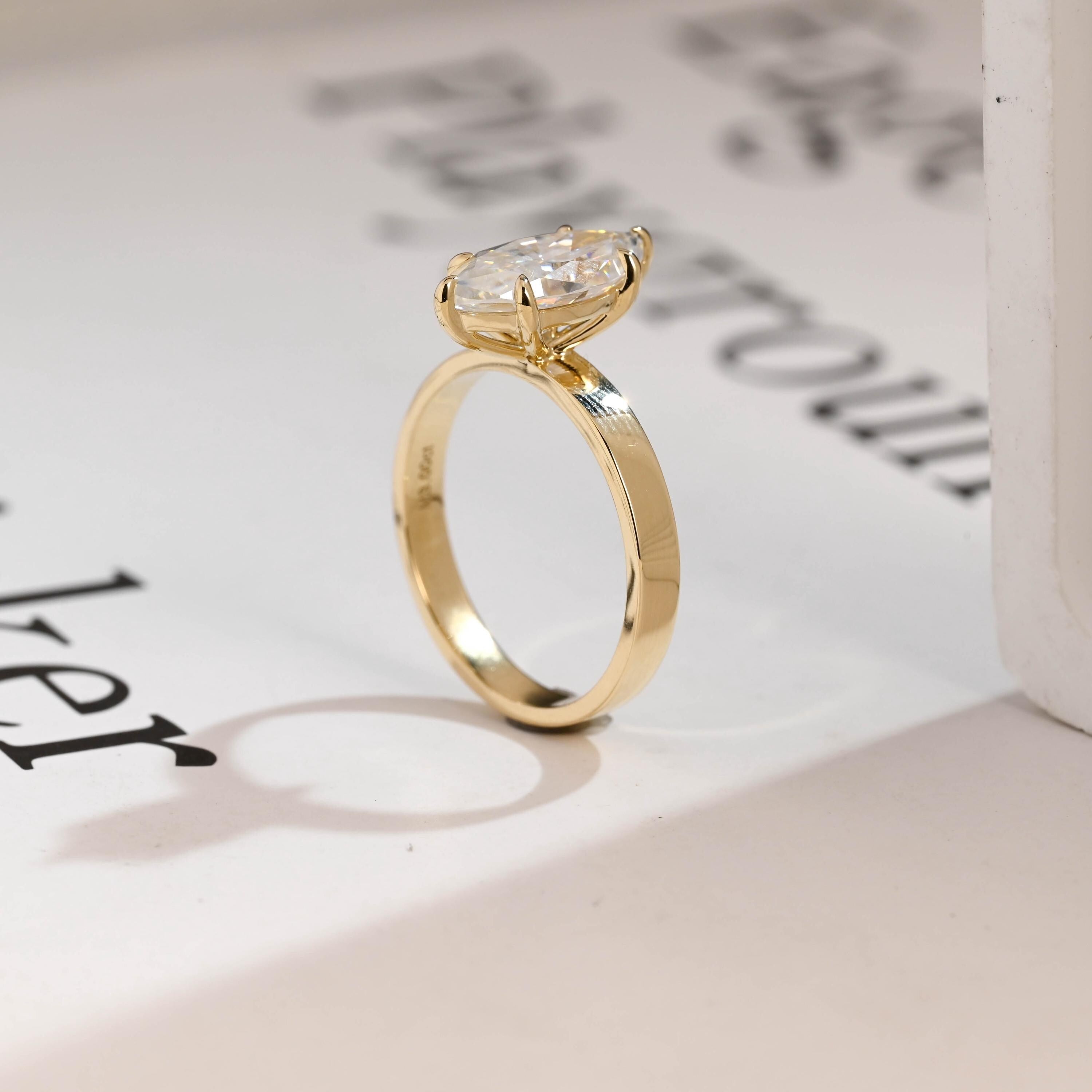Solid Gold Marquise Cut Moissanite Engagement Ring, 3mm Wide Band