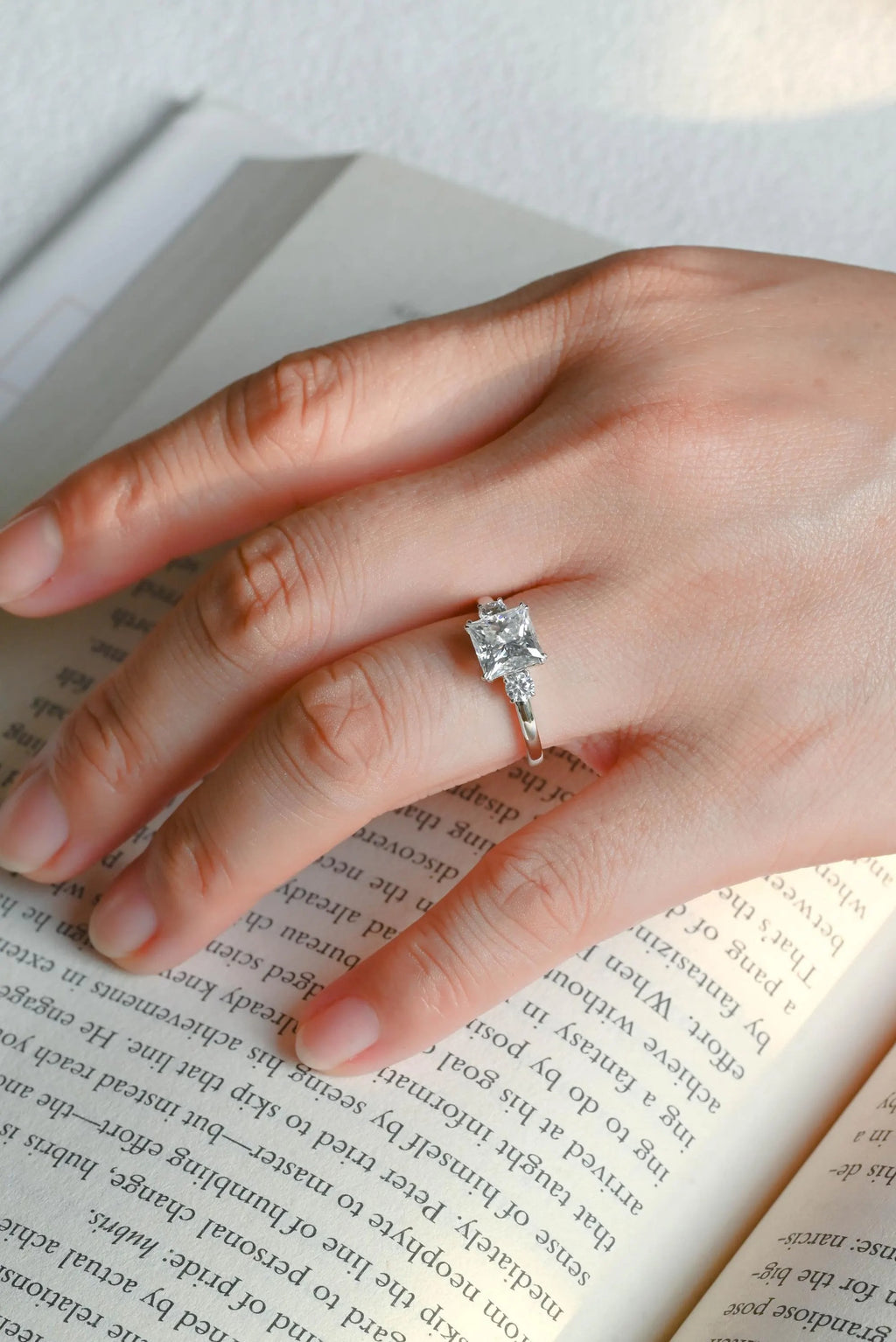 Solid Gold Princess Cut Moissanite Engagement Ring, Three Stone Promise Ring
