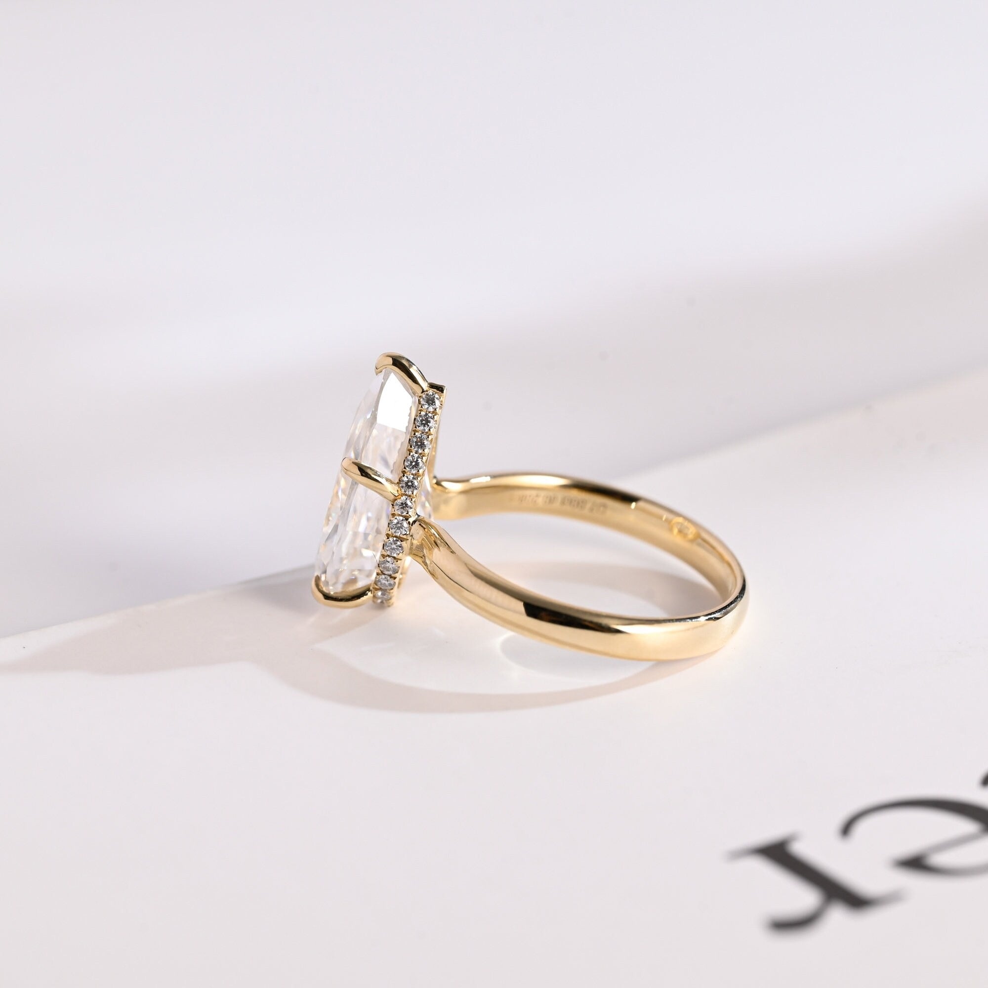Solid Gold Pear Cut Moissanite Engagement Ring with Hidden Halo, Custom Ring