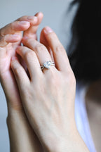 Solid Gold Trillion Cut Moissanite Engagement Ring, Double Band Open Shank Half Pave Ring