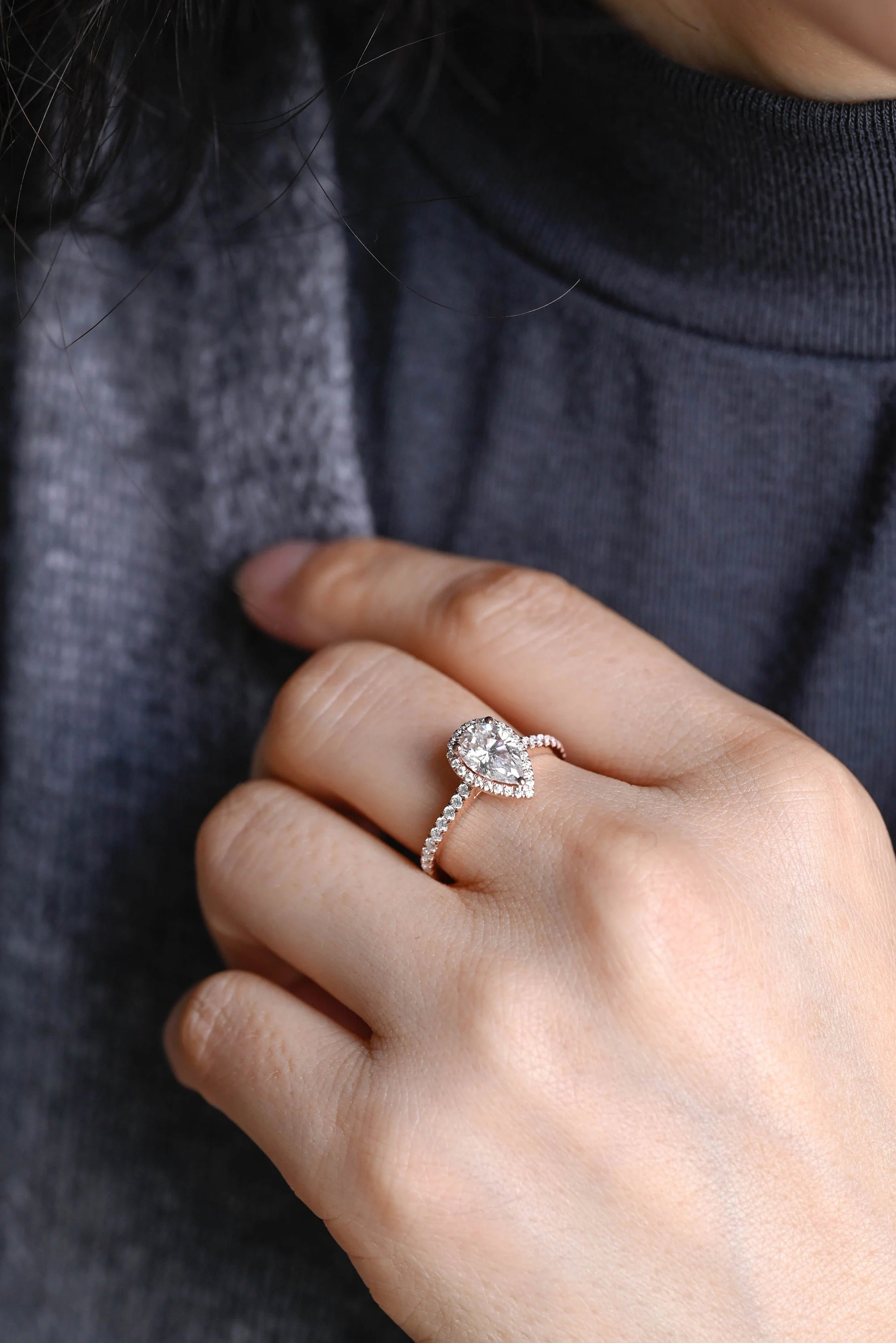 Solid Gold Pear Moissanite Engagement Ring, Halo & Half Eternity Promise, Proposal Ring