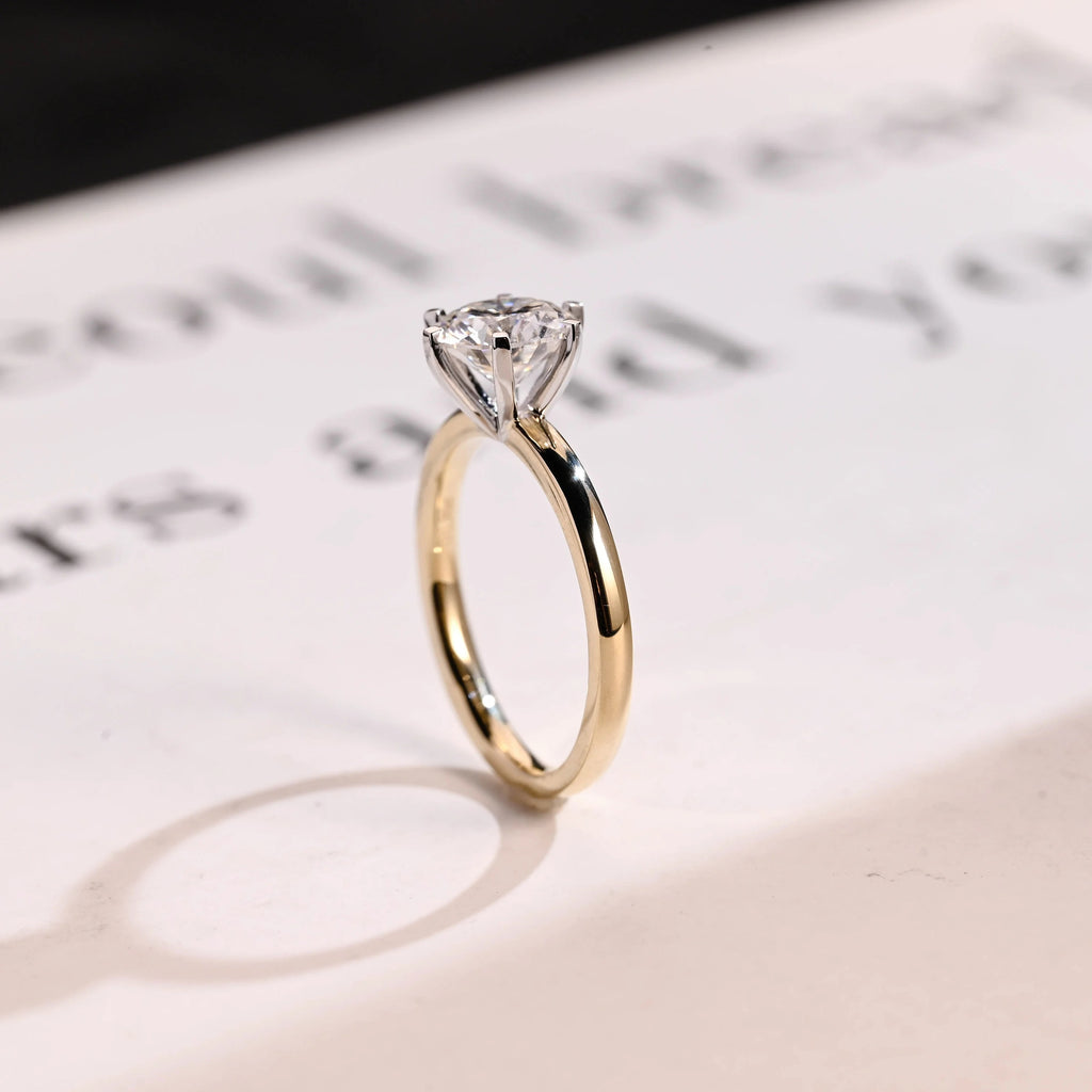 Solitaire Gold Round Moissanite Engagement Ring, Six Prong Setting