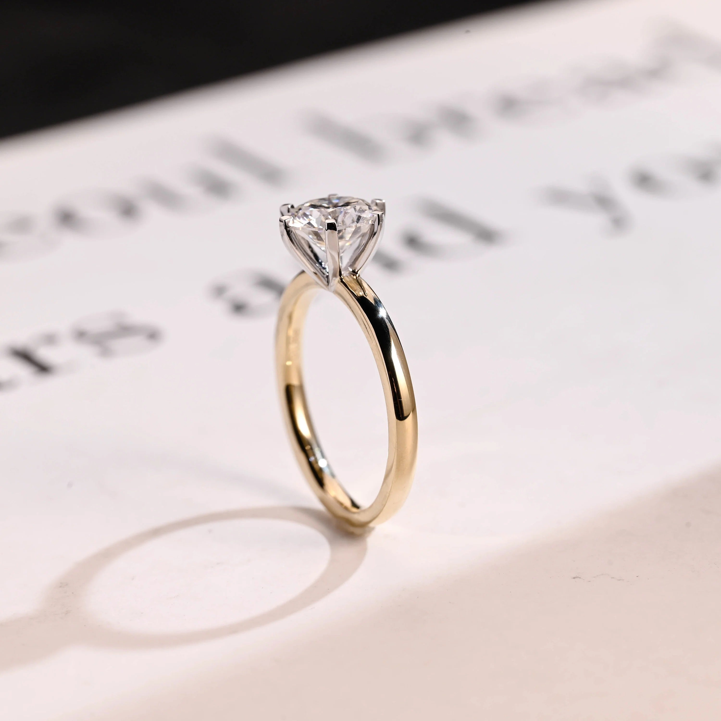 Solitaire Gold Round Moissanite Engagement Ring, Six Prong Setting