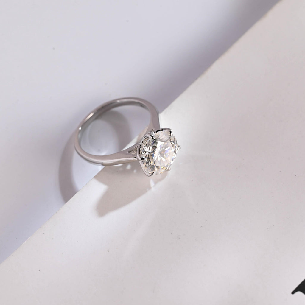 Solid Gold Tulip Floral Round Moissanite Engagement Ring, Anniversary Gift for Her
