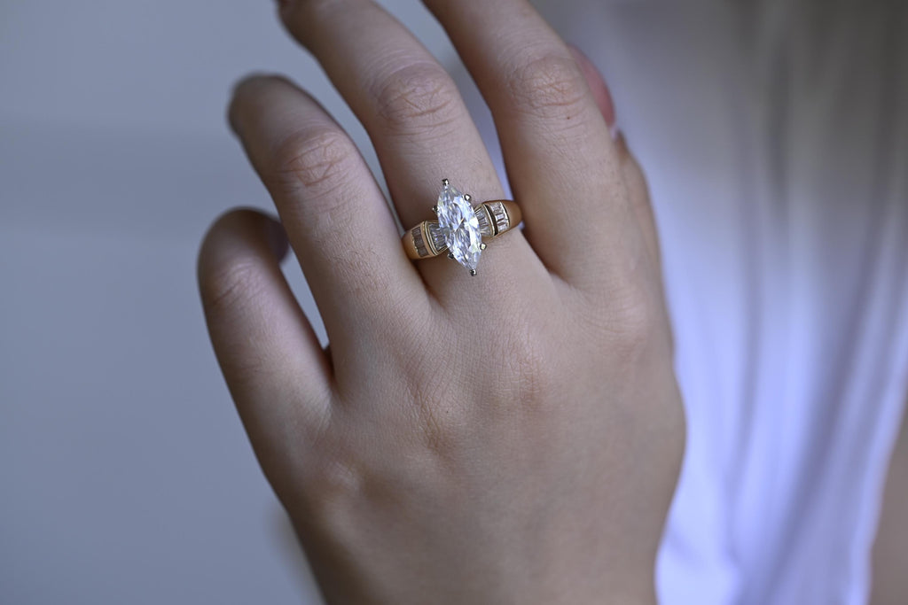 Solid Gold Marquise Cut Moissanite Engagement Ring, Anniversary Gift for Women