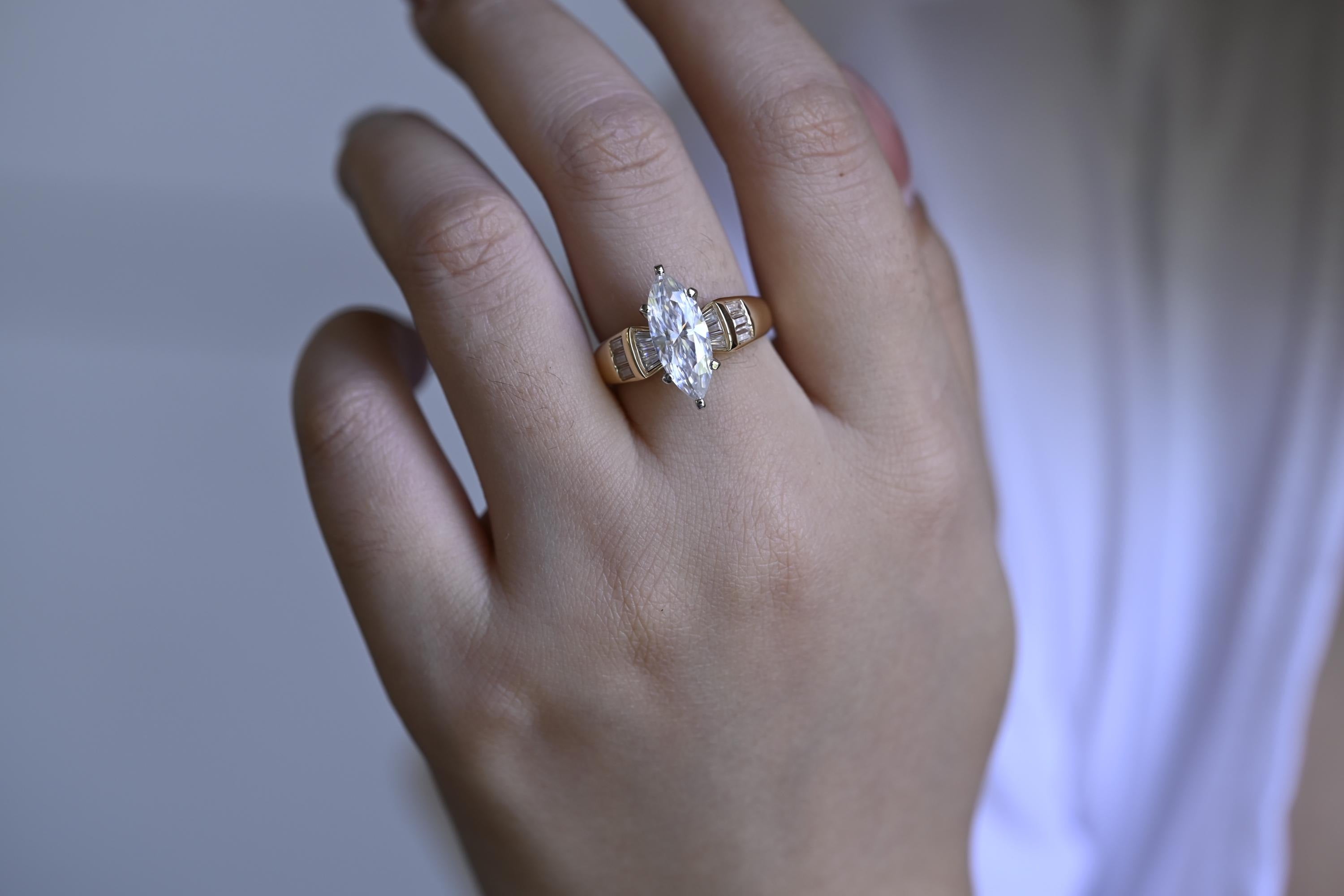 Solid Gold Marquise Cut Moissanite Engagement Ring, Anniversary Gift for Women