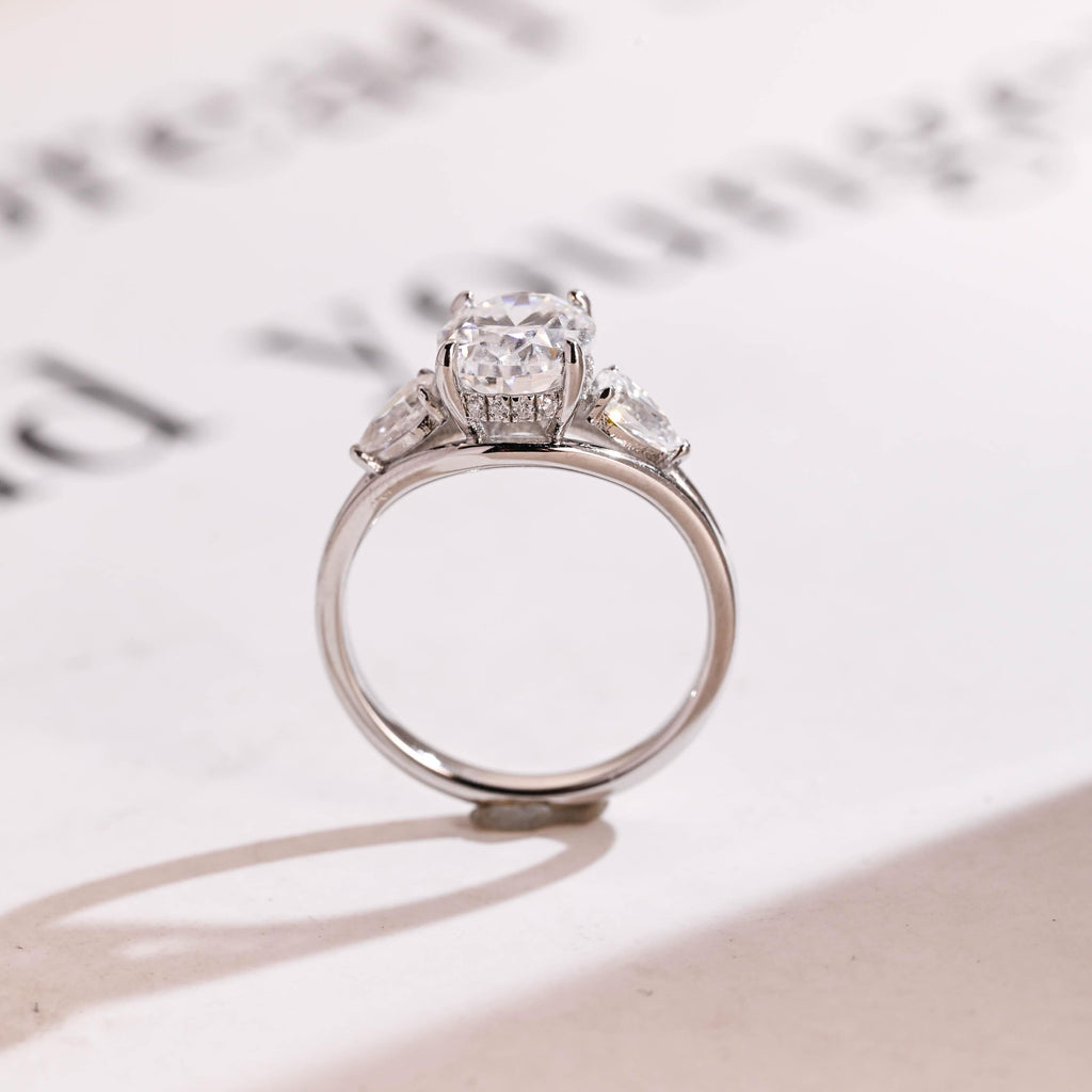 Solid Gold Oval Moissanite Hidden Halo Engagement Ring with Pear Moissanite