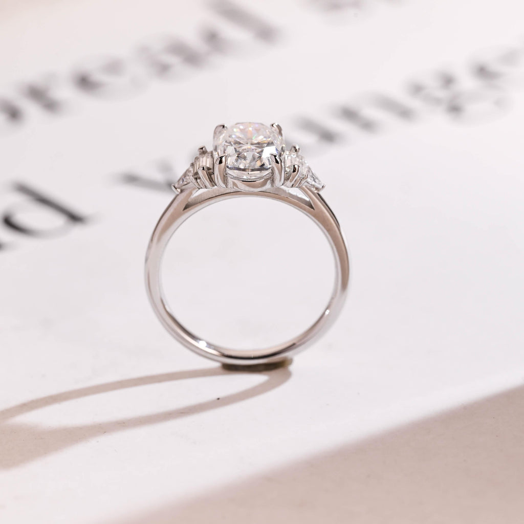 Solid Gold Oval Cut Moissanite Engagement Ring, Three Stone Promise Ring