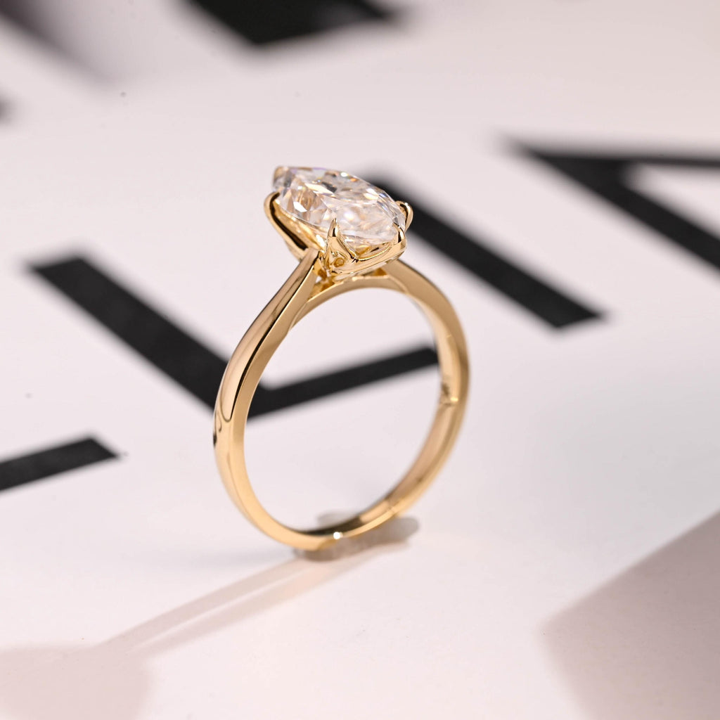 Solid Gold Tulip Floral Marquise Moissanite Engagement Ring, Proposal Ring