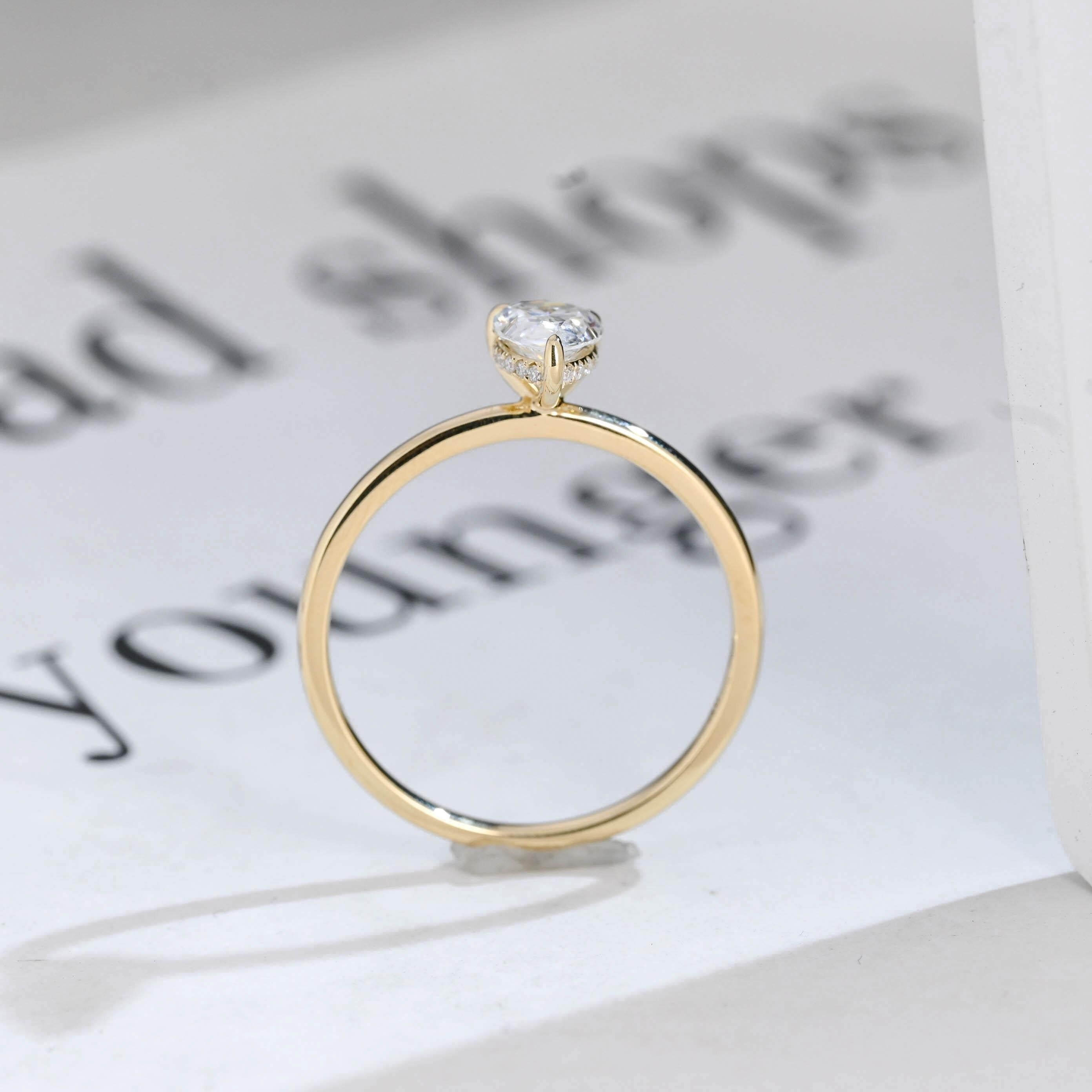 Solid Gold Pear Cut Hidden Halo Moissanite Engagement Ring