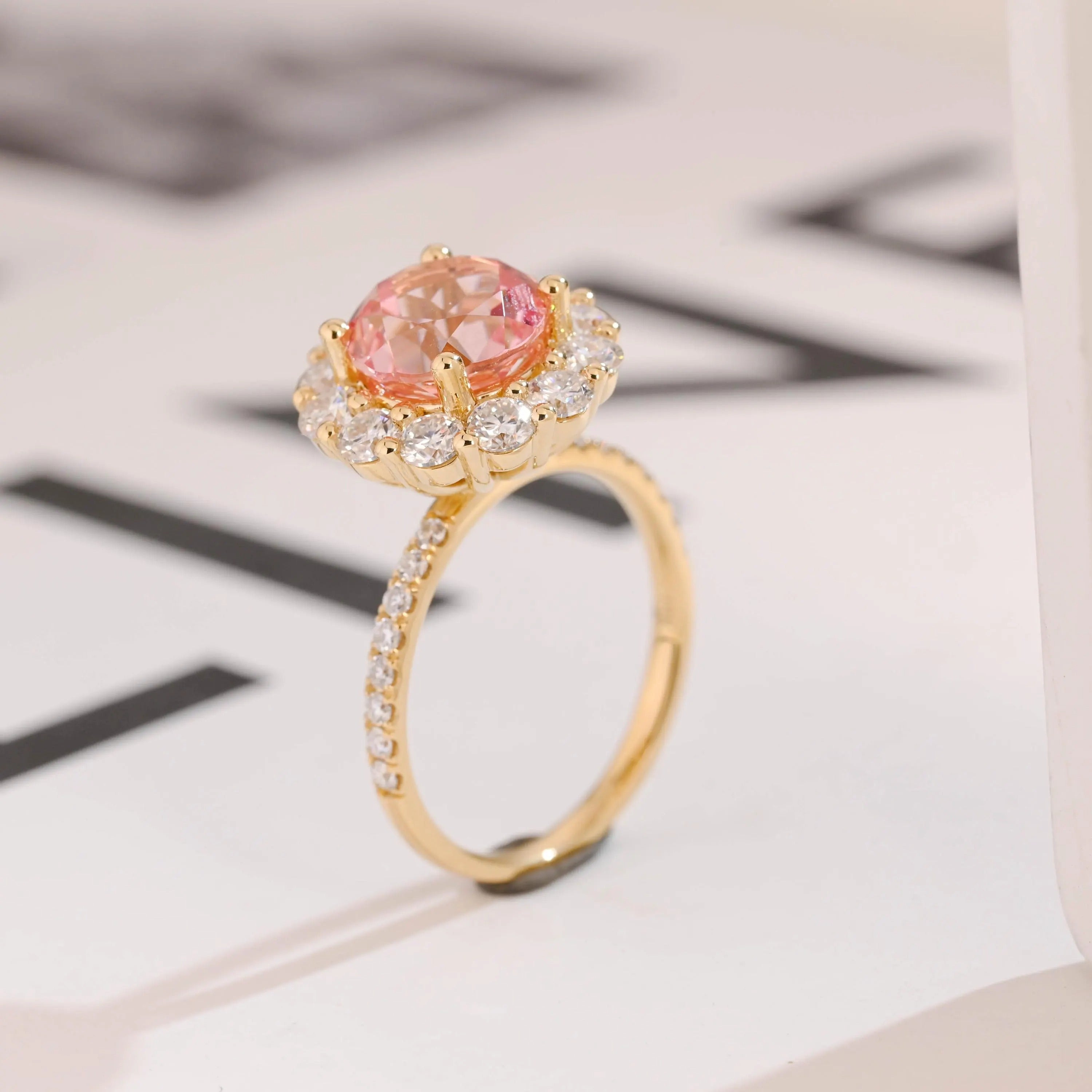 Solid Gold Sunflower Round Pink Moissanite Sapphire Engagement Ring, Half Eternity Promise Ring