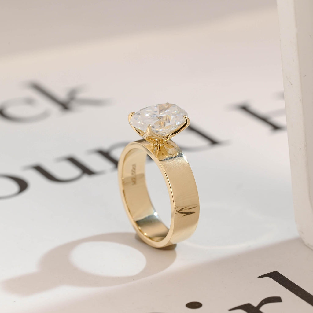 Solid Gold 5mm Band Oval Cut Moissanite Engagement Ring, Tulip Floral Ring