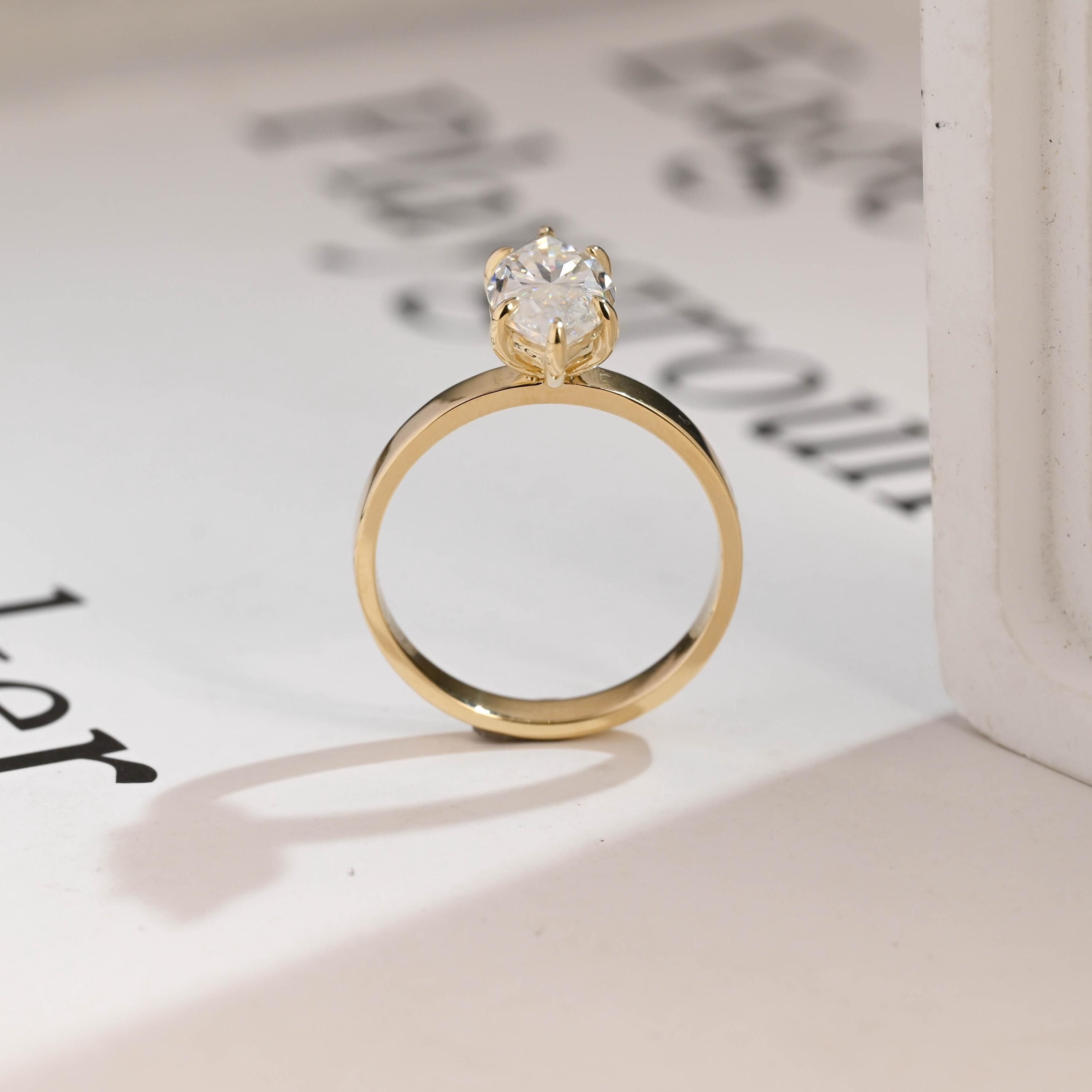 Solid Gold Marquise Cut Moissanite Engagement Ring, 3mm Wide Band Secondary image