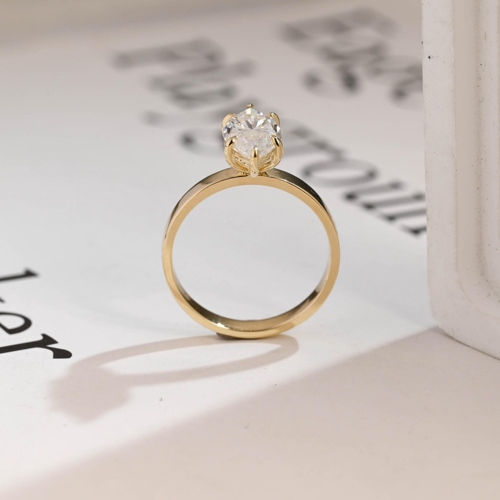 Solid Gold Marquise Cut Moissanite Engagement Ring, 3mm Wide Band