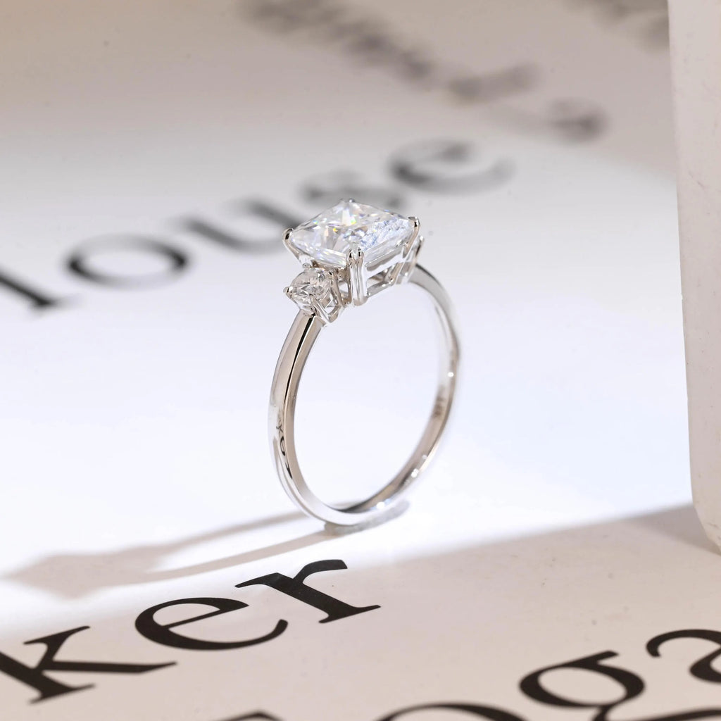 Solid Gold Princess Cut Moissanite Engagement Ring, Three Stone Promise Ring