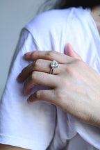 Solid Gold Trillion Cut Moissanite Engagement Ring, Double Band Open Shank Half Pave Ring