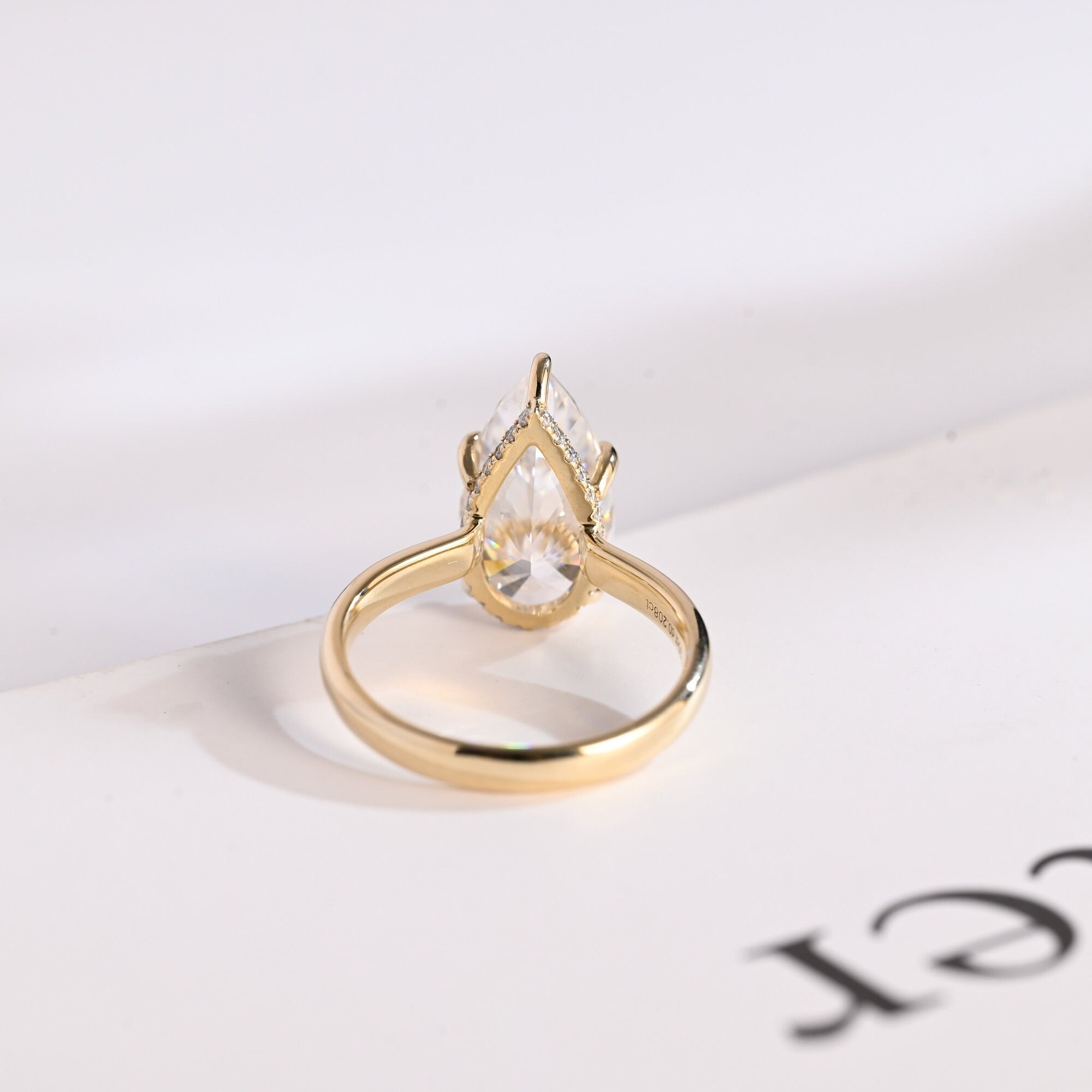 Solid Gold Pear Cut Moissanite Engagement Ring with Hidden Halo, Custom Ring