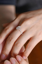 Solid Gold Pear Moissanite Engagement Ring, Halo & Half Eternity Promise, Proposal Ring
