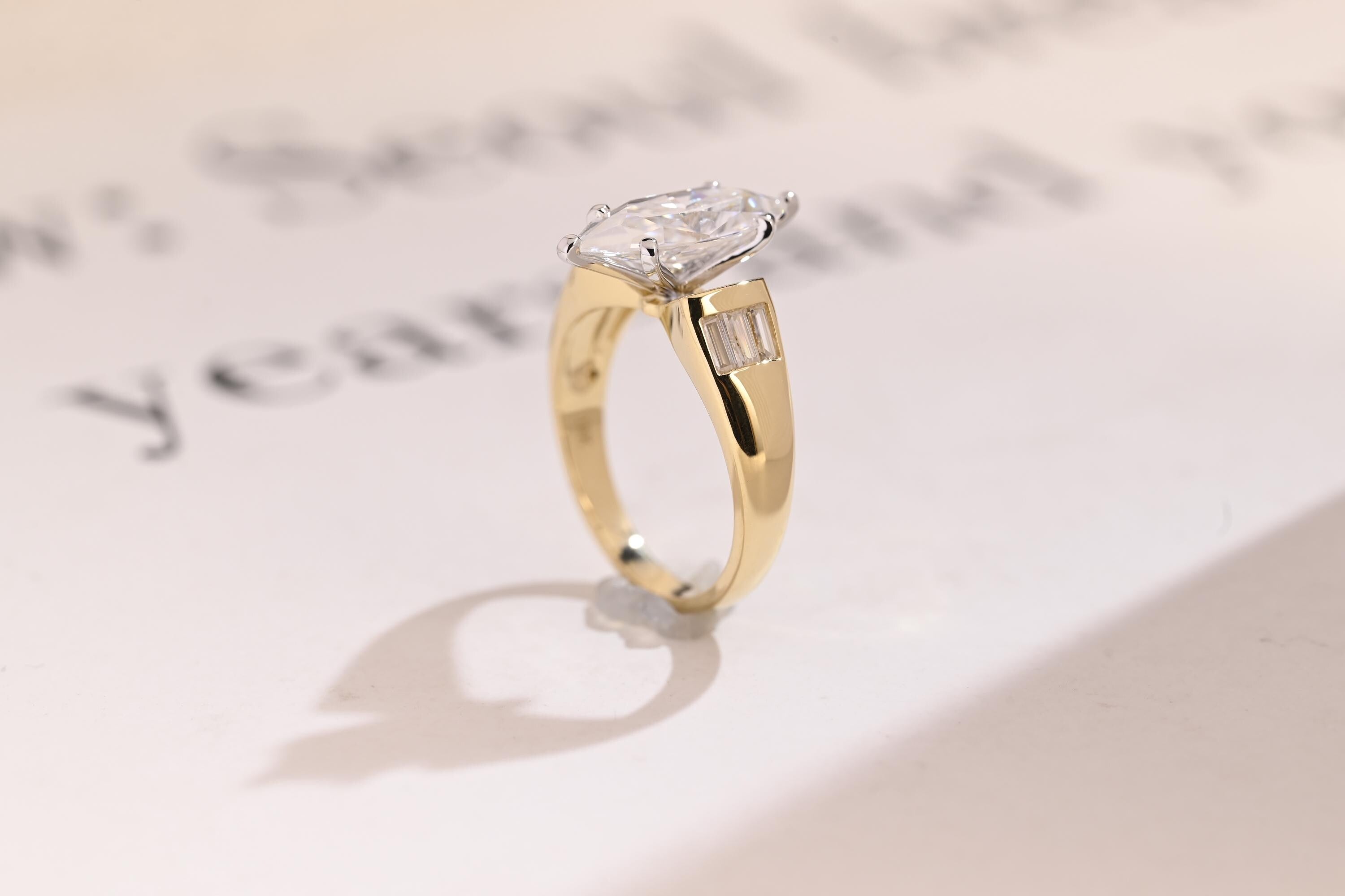Solid Gold Marquise Cut Moissanite Engagement Ring, Anniversary Gift for Women