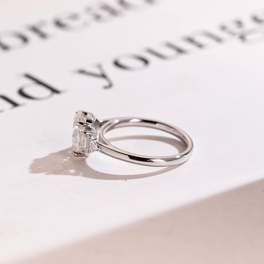 Solid Gold Oval Cut Moissanite Engagement Ring, Three Stone Promise Ring
