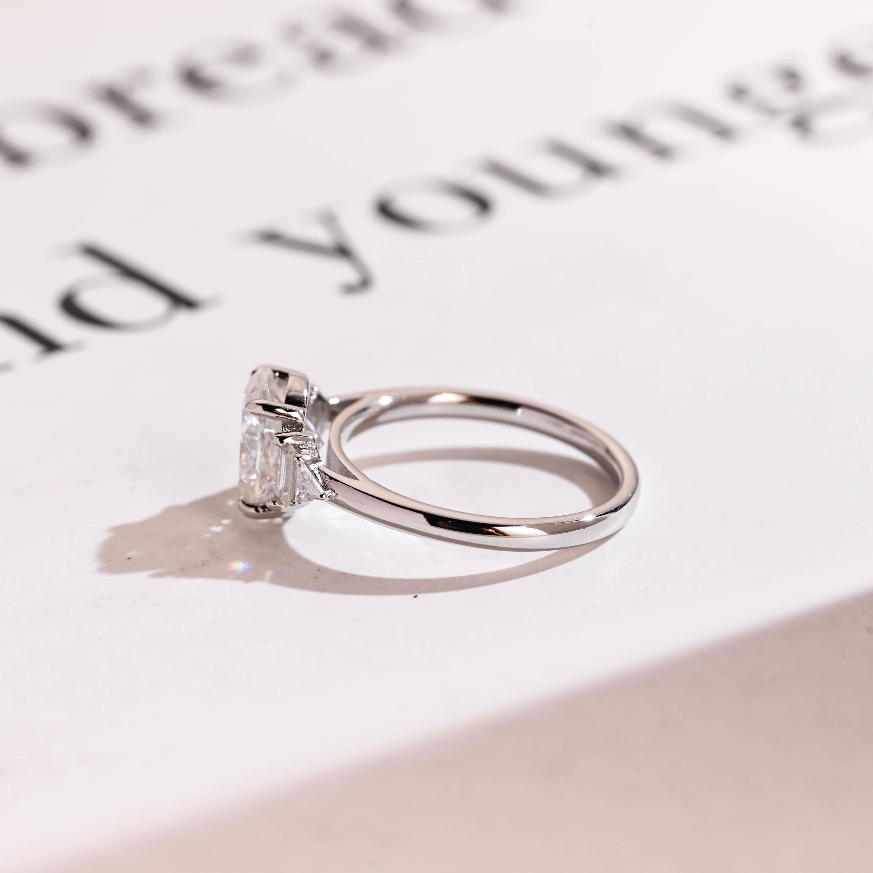 Solid Gold Oval Cut Moissanite Engagement Ring, Three Stone Promise Ring