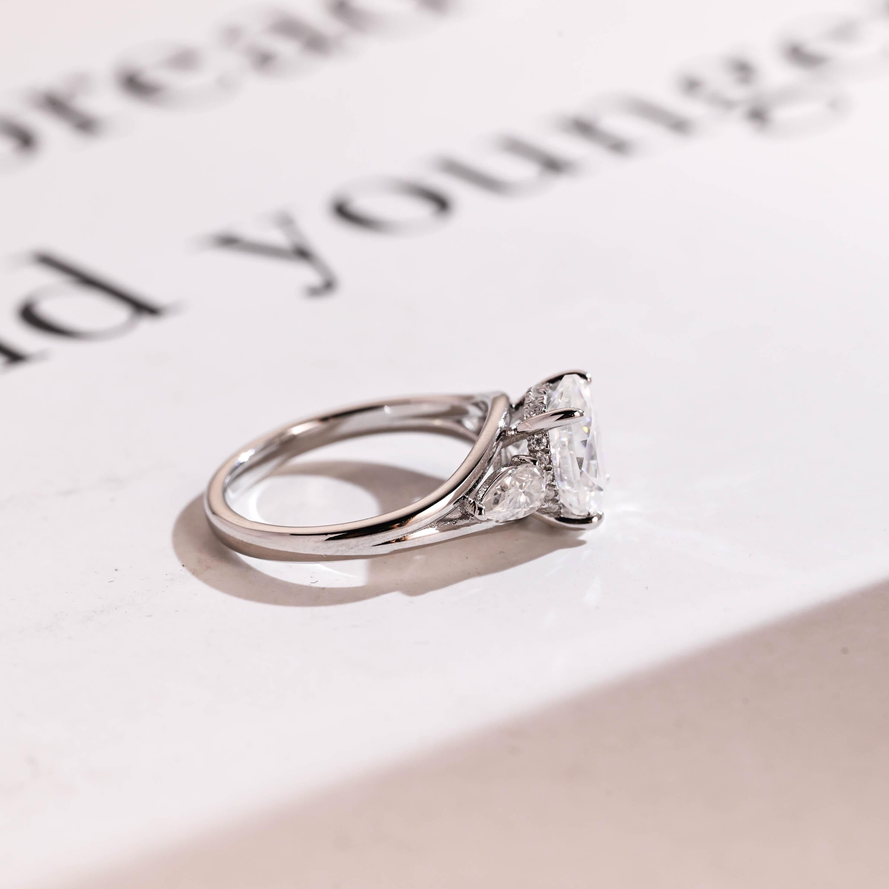 Solid Gold Oval Moissanite Hidden Halo Engagement Ring with Pear Moissanite