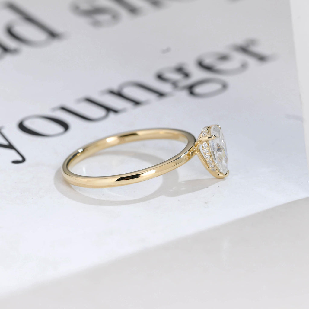 Solid Gold Pear Cut Hidden Halo Moissanite Engagement Ring