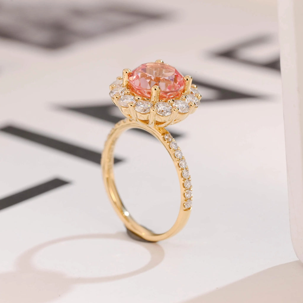 Solid Gold Sunflower Round Pink Moissanite Sapphire Engagement Ring, Half Eternity Promise Ring