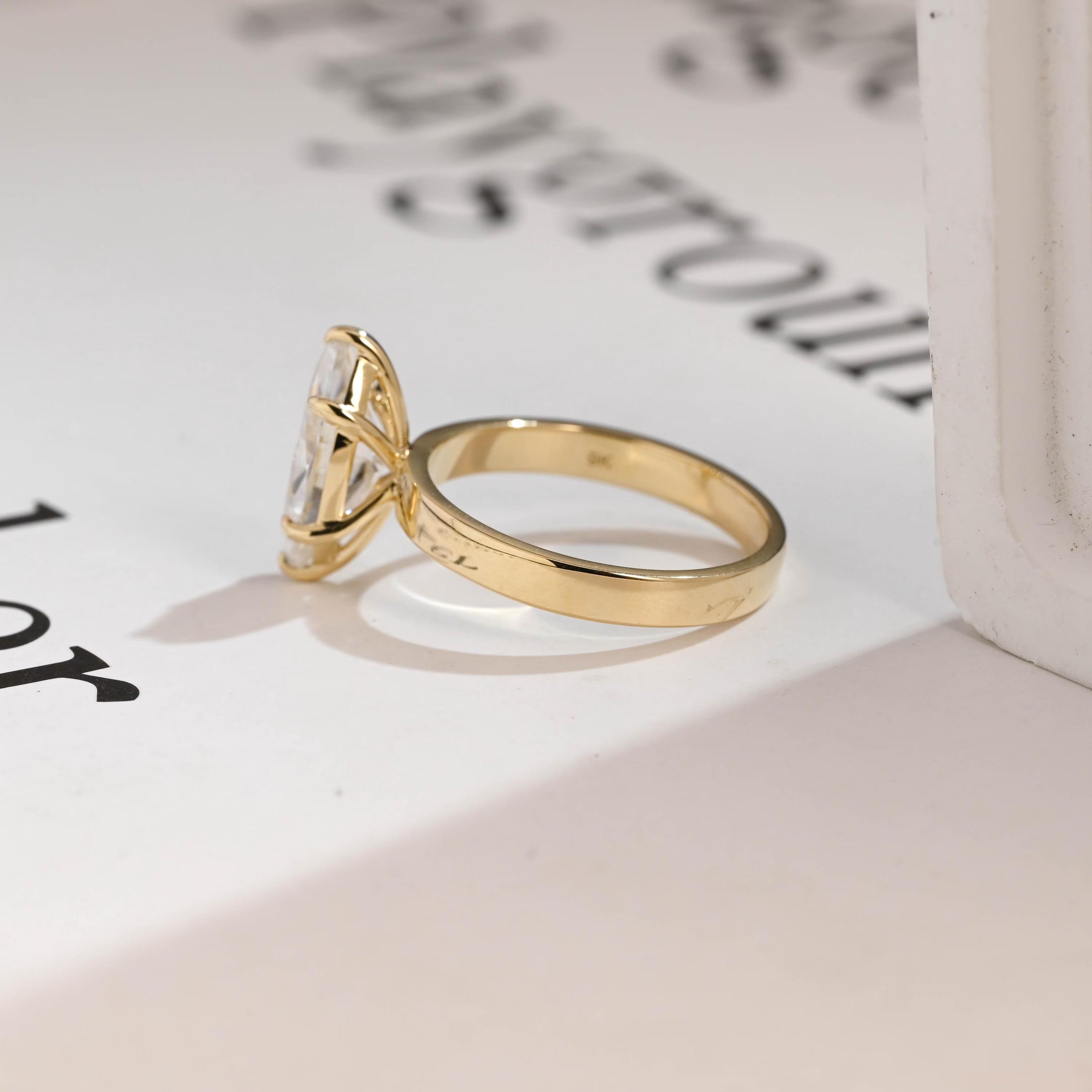 Solid Gold Marquise Cut Moissanite Engagement Ring, 3mm Wide Band